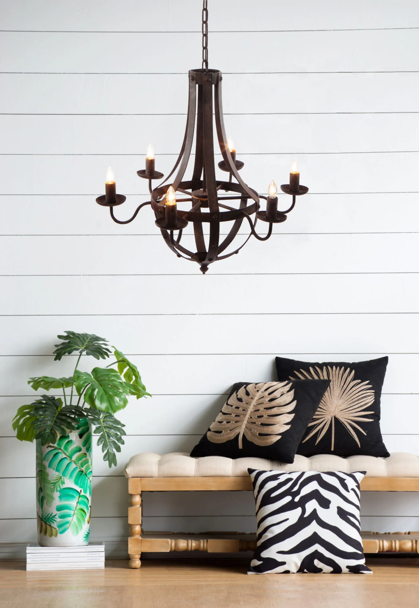 6 Light Metal Chandelier, Hanging Light Fixture With Adjustable Chain For Kitchen, Bulb Not Included - Black - Image 3