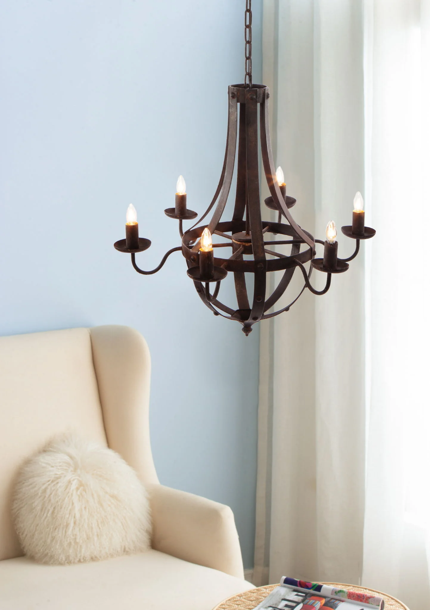6 Light Metal Chandelier, Hanging Light Fixture With Adjustable Chain For Kitchen, Bulb Not Included - Black - Image 4