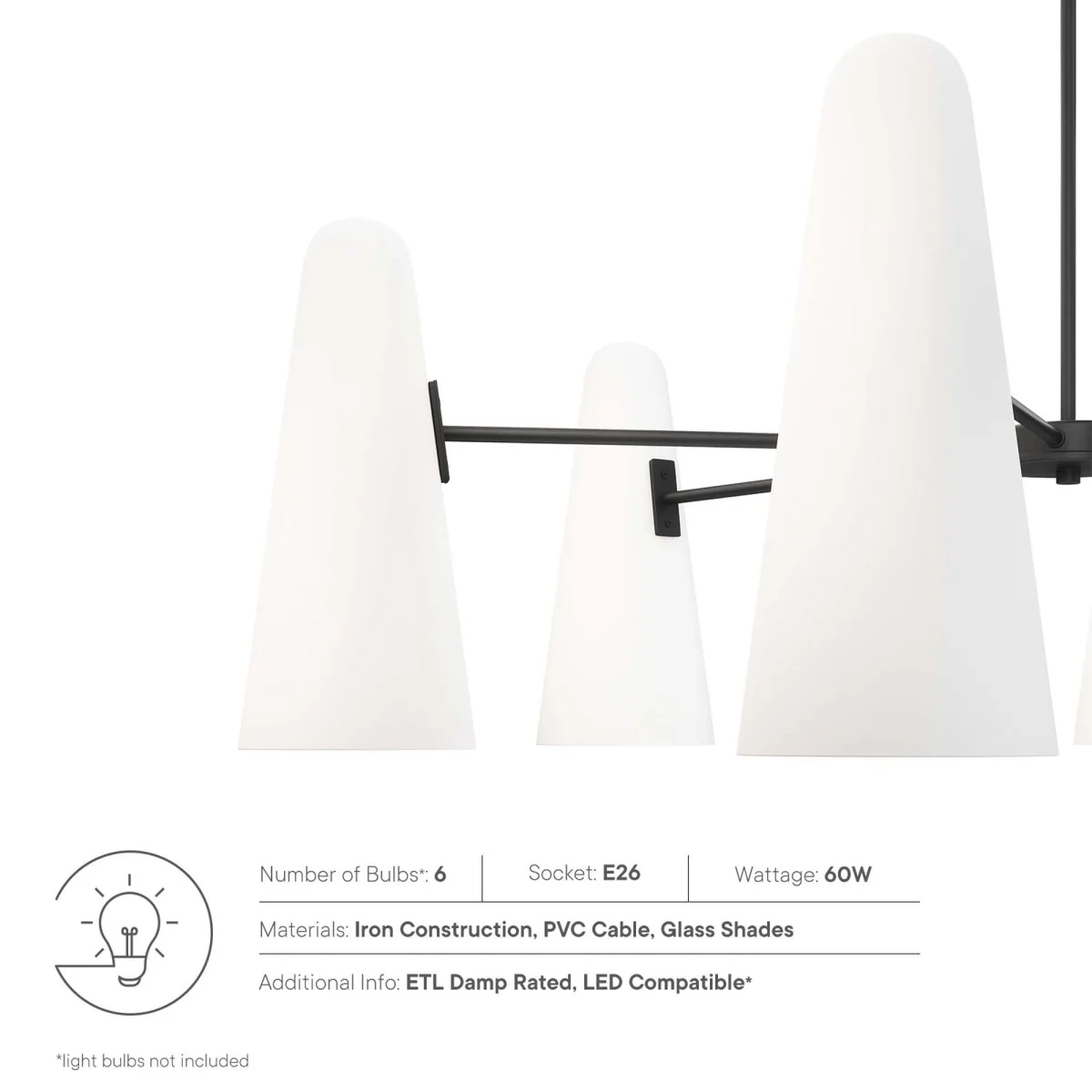 6-Light Modern Glass Cone Chandelier – Contemporary Metal Frame with Glass Shades - Image 3