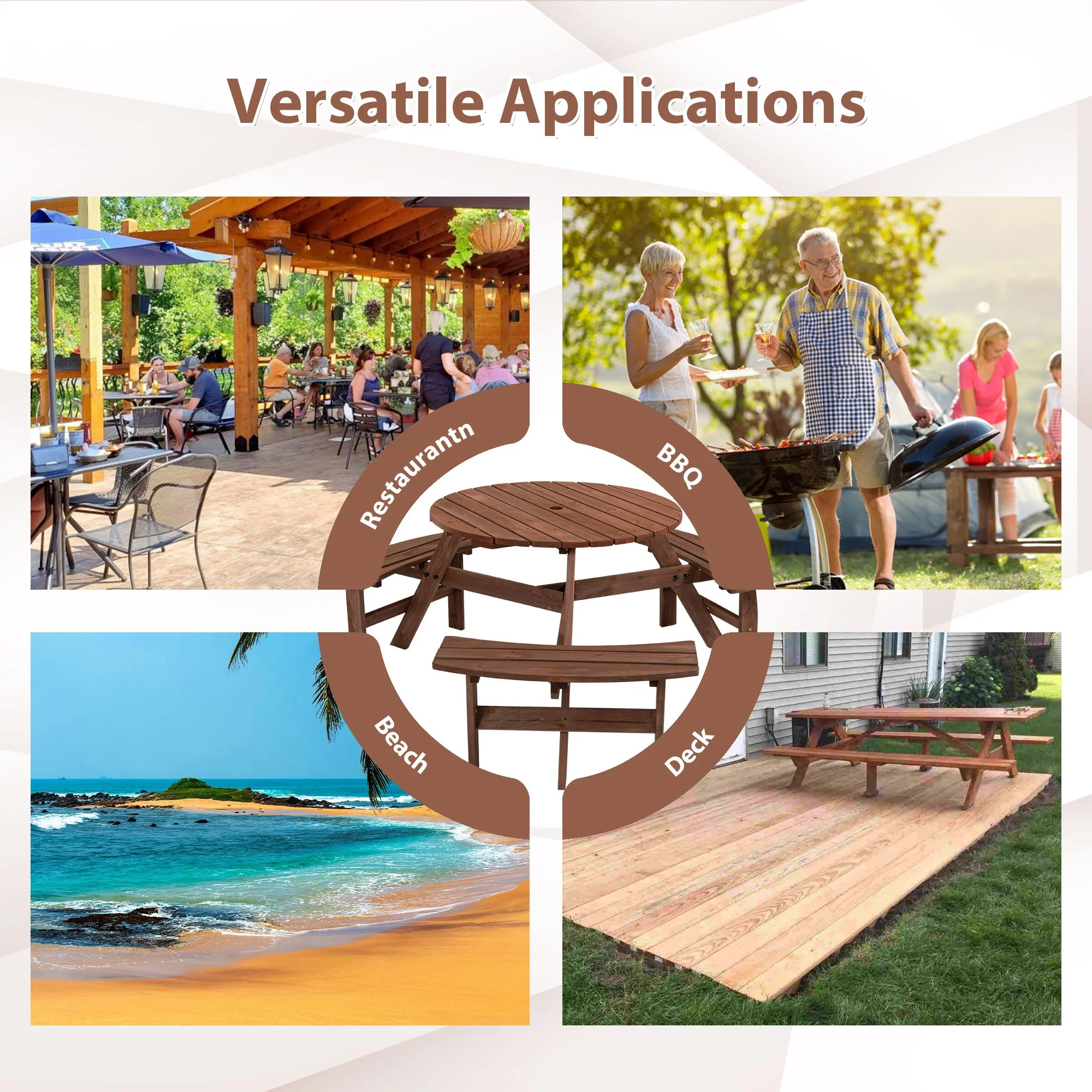 6 Person Circular Outdoor Wooden Picnic Table For Patio, Backyard, Garden, Diy With 3 Built-In Benches, 1720Lb Capacity - Image 6