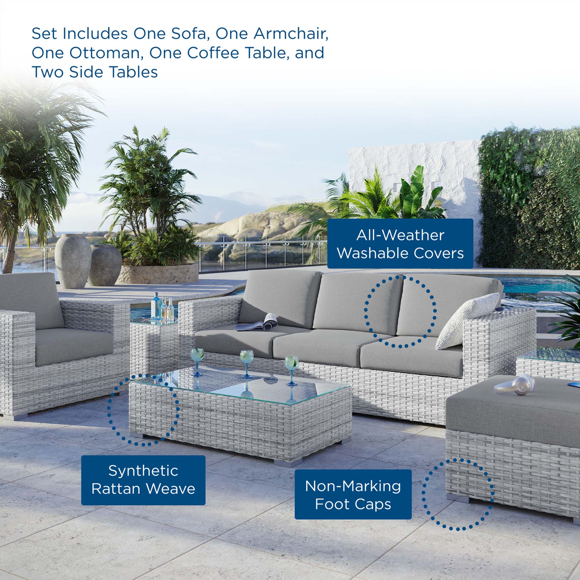 6-Piece Light Gray Gray Wicker Rattan Patio Furniture Set - Image 2