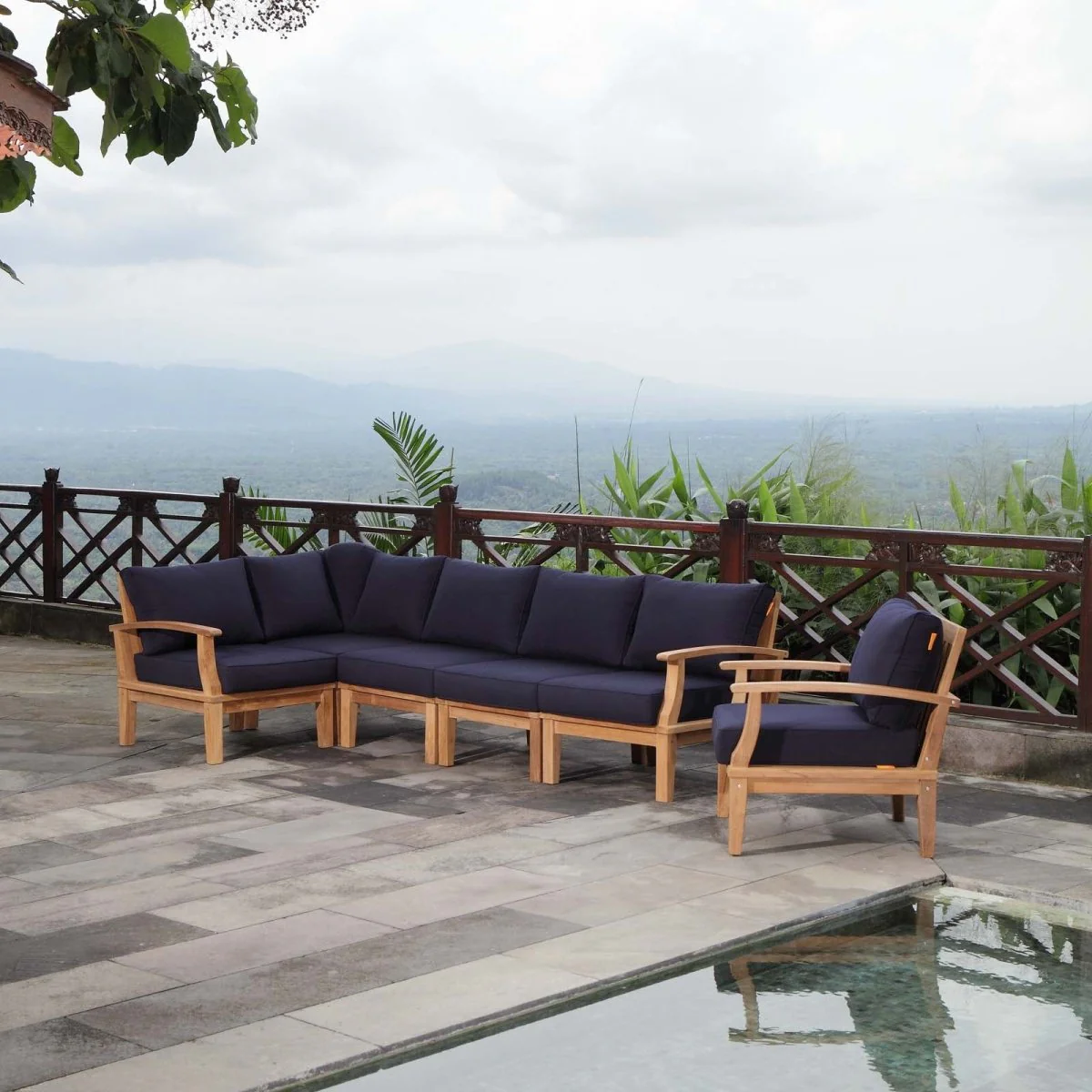 6-Piece Natural Teak Outdoor Sectional Sofa Set with Cushions for Patio & Backyard Seating - Image 12