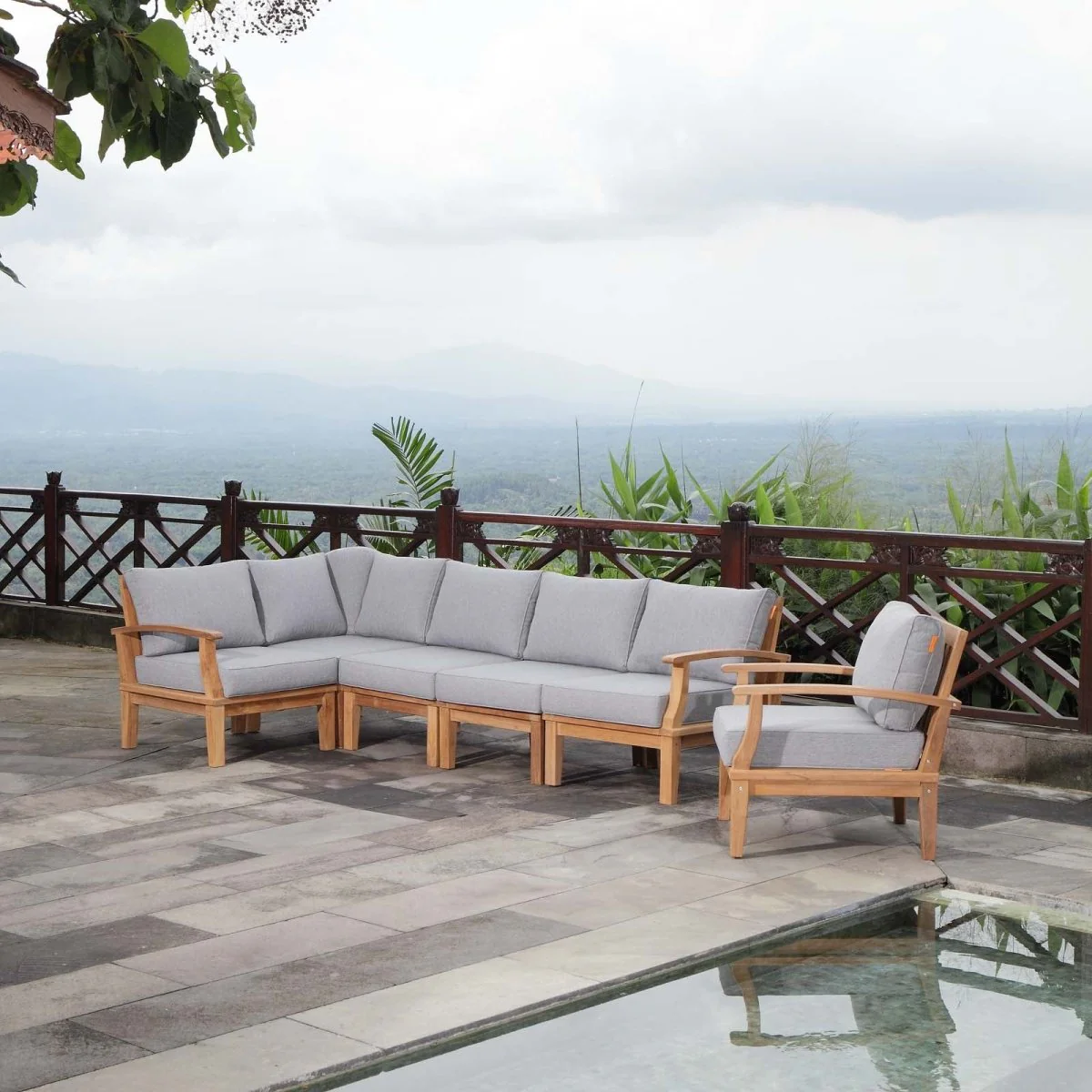 6-Piece Natural Teak Outdoor Sectional Sofa Set with Cushions for Patio & Backyard Seating - Image 24