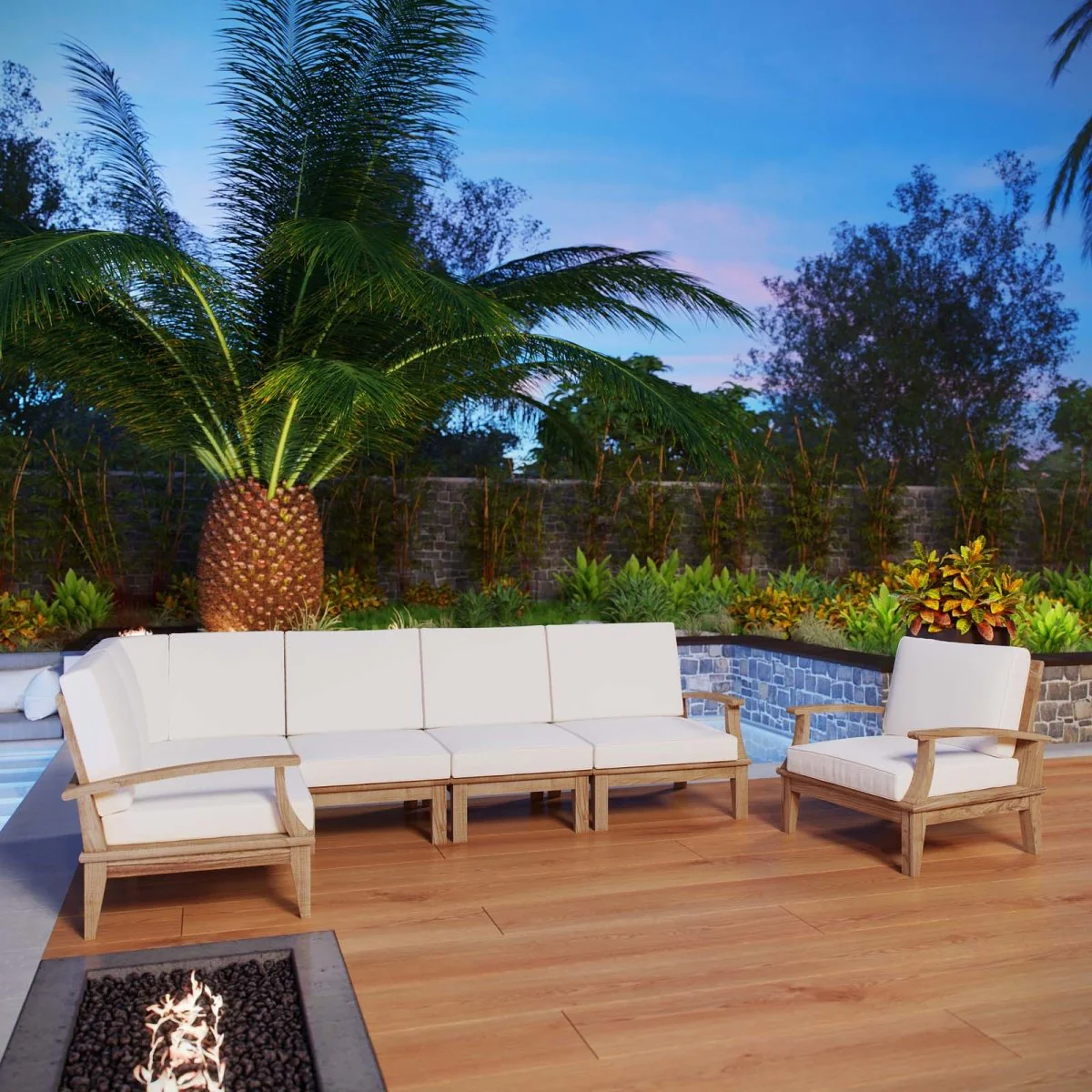 6-Piece Natural Teak Outdoor Sectional Sofa Set with Cushions for Patio & Backyard Seating - Image 33