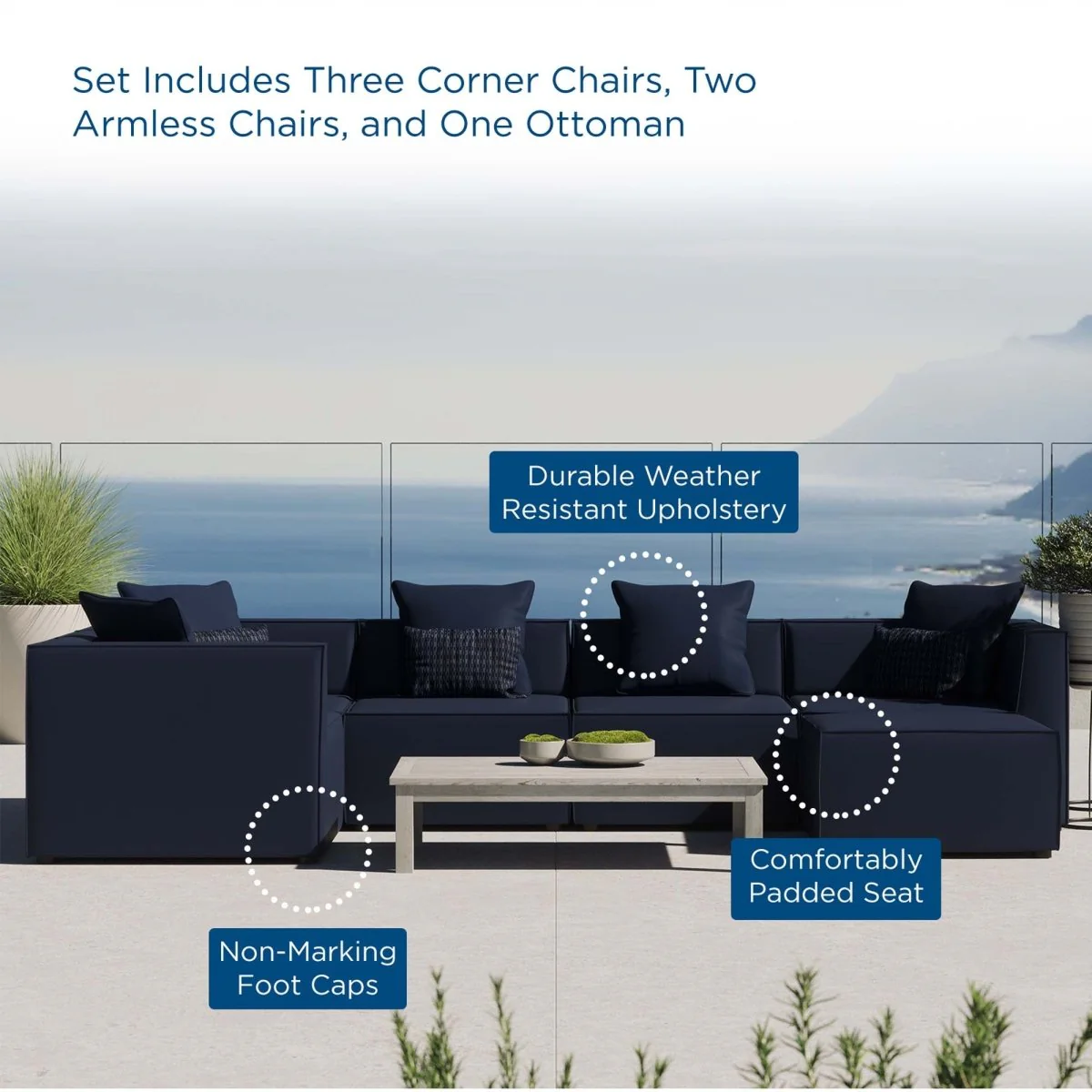 6-Piece Outdoor Upholstered Aluminum Sectional Sofa — Weather-Resistant Modular Patio Set - Image 15