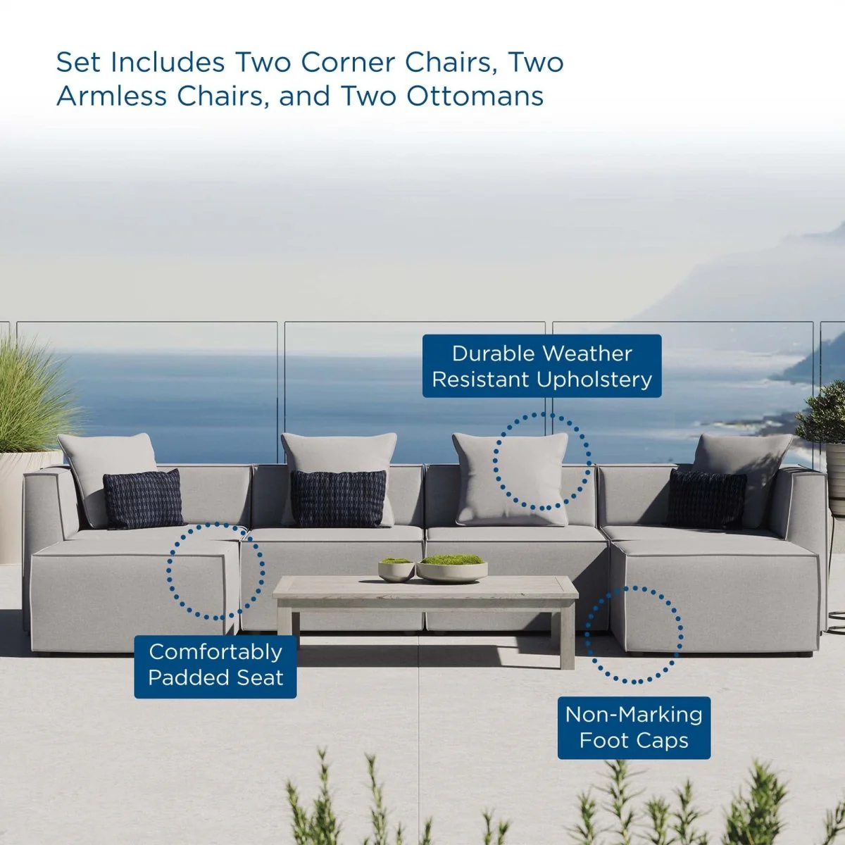 6-Piece Outdoor Upholstered Aluminum Sectional Sofa with Cushioned Seating - Image 26