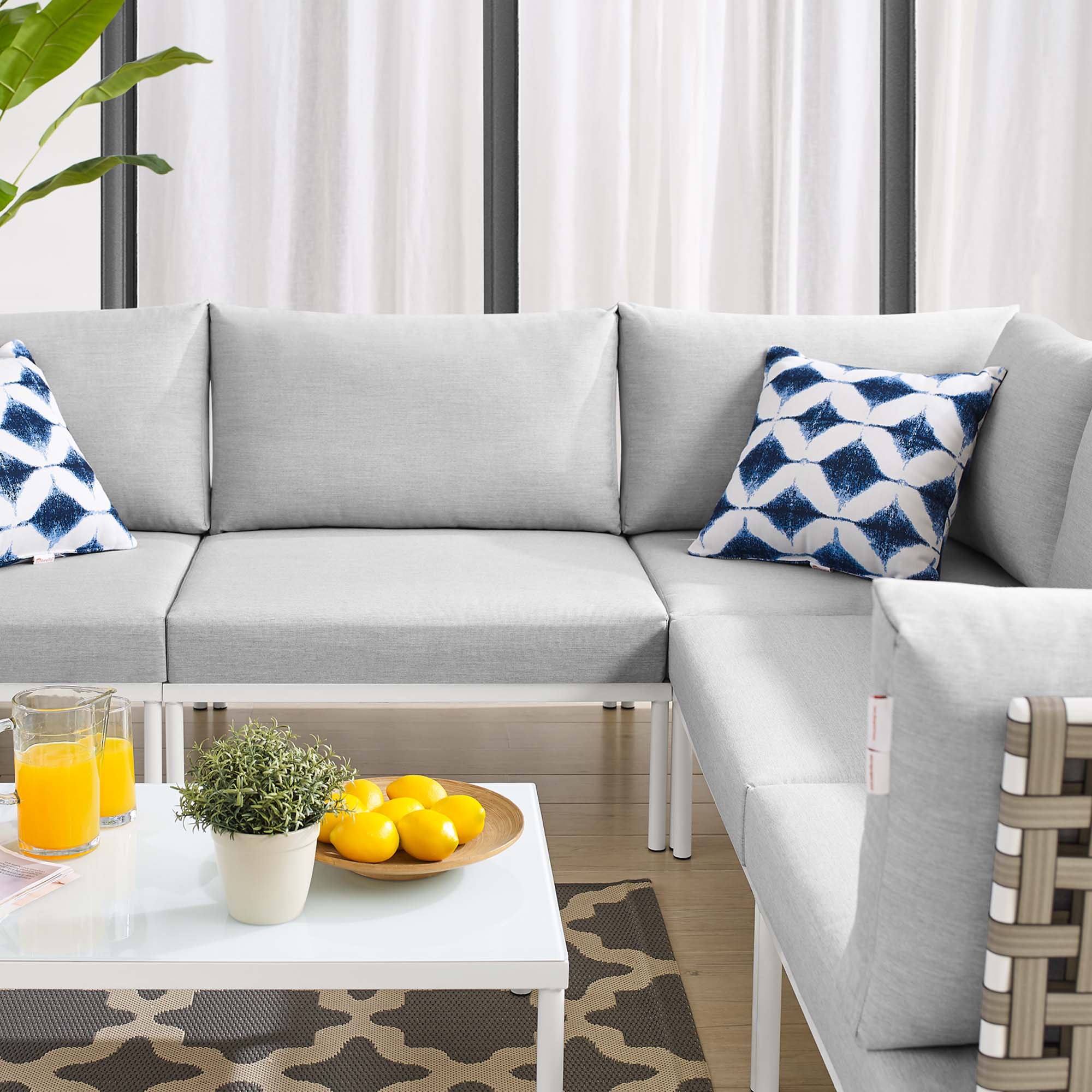 6-Piece Tan Gray Aluminum Outdoor Sectional Sofa Set with Sunbrella Fabric and Basket Weave Accents - Image 2