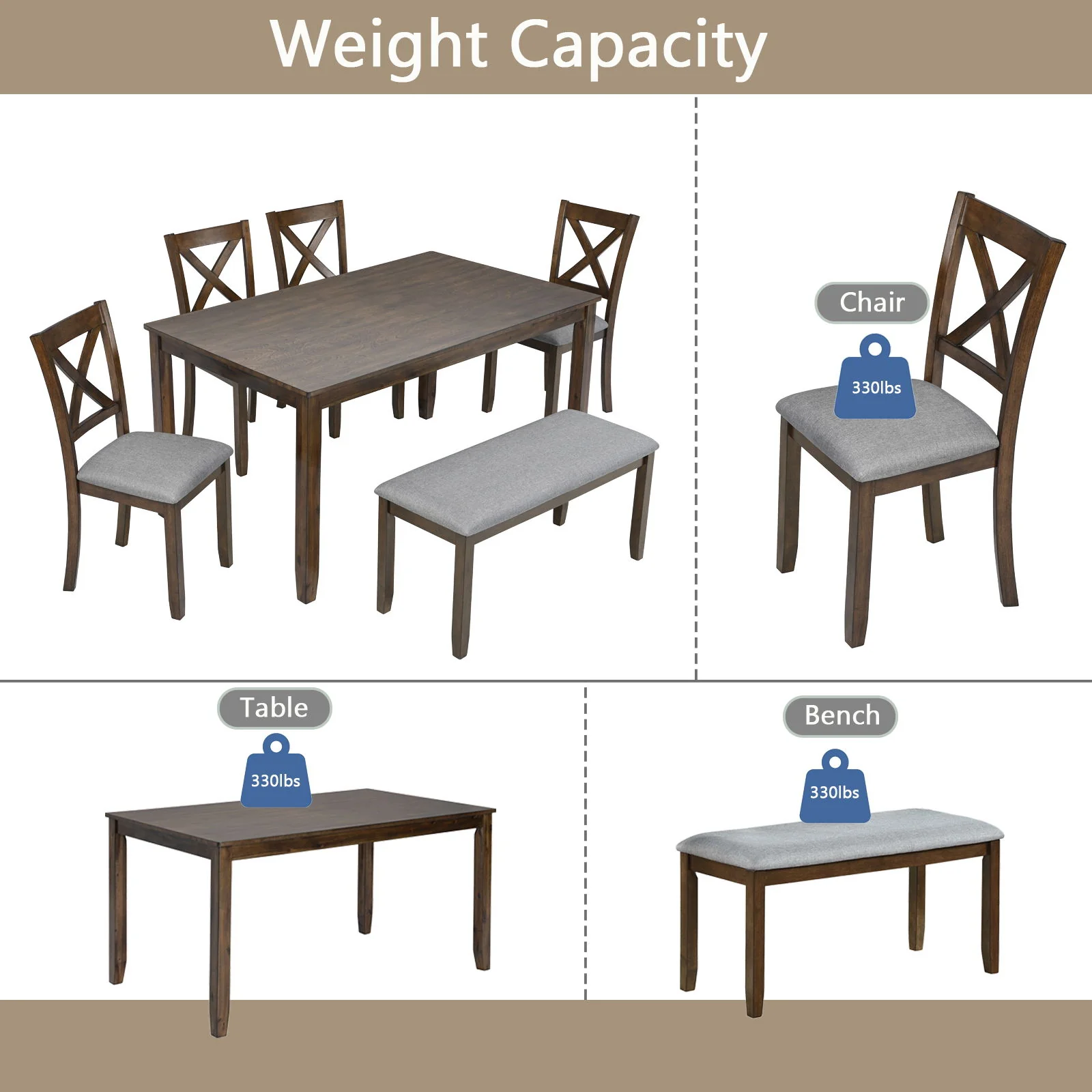 6 Pieces Kitchen Dining Set, Rectangular Wooden Dining Table With 4 Chairs And A Bench - Image 16