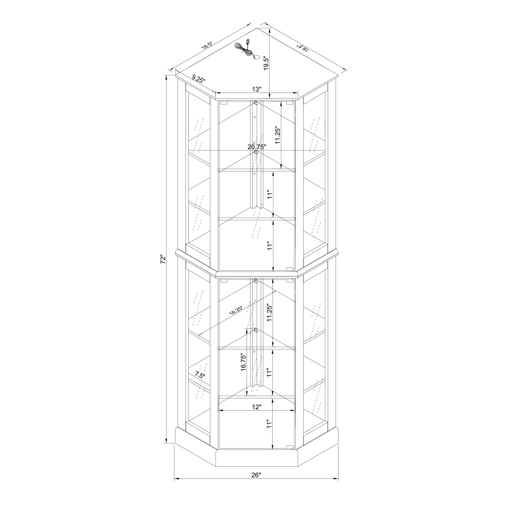 6 Shelf Corner Curio Display Cabinet With Lights, Mirrors And Adjustable Shelves (E26 Light Bulb Not Included) - Image 27