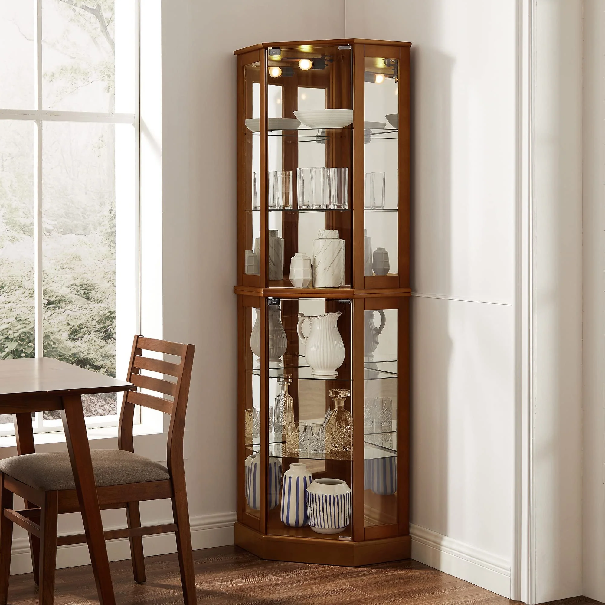 6 Shelf Corner Curio Display Cabinet With Lights, Mirrors And Adjustable Shelves (E26 Light Bulb Not Included) - Image 6