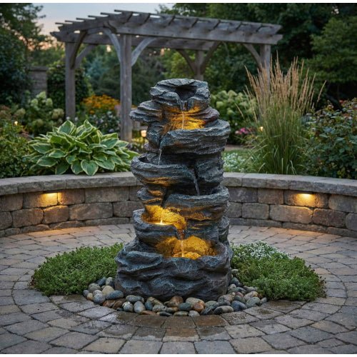 6-Tier Outdoor Cascading Stone Water Fountain with 3 LED Lights - Image 4