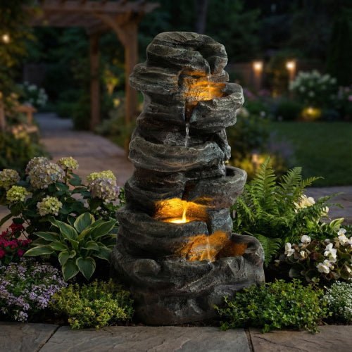6-Tier Outdoor Cascading Stone Water Fountain with 3 LED Lights - Image 5