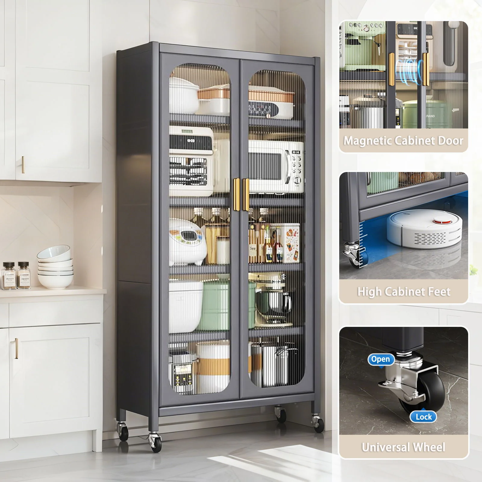 6 Tier Storage Cabinet With Transparent Door, Adjustable Shelves & Wheels - Image 12