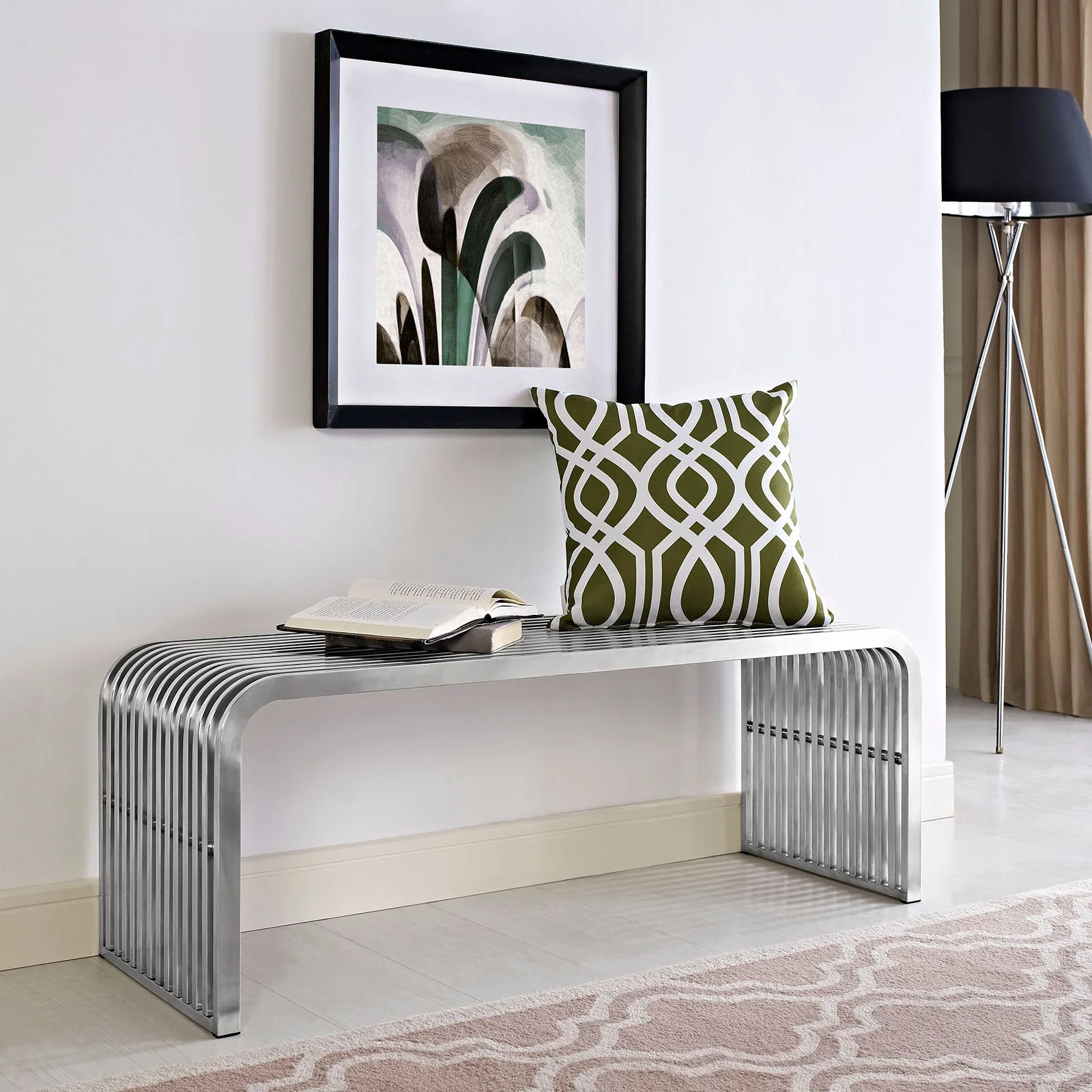 Brushed Stainless Steel Pipe Bench with Fourteen Continuous Tubes in Silver - Image 8