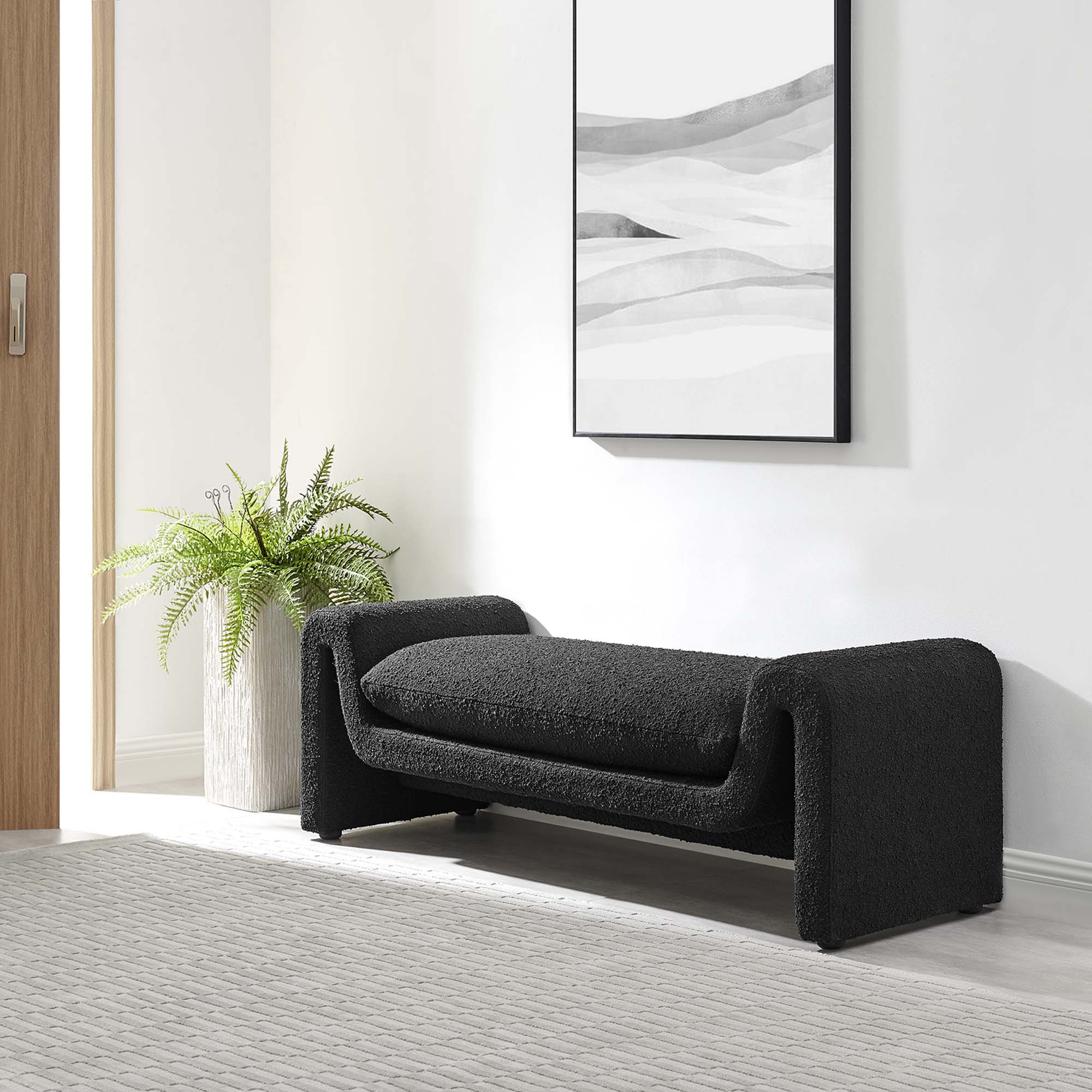 60 Inch Wavy Boucle Fabric Bench with Removable Cushion and Rounded Silhouette - Image 7