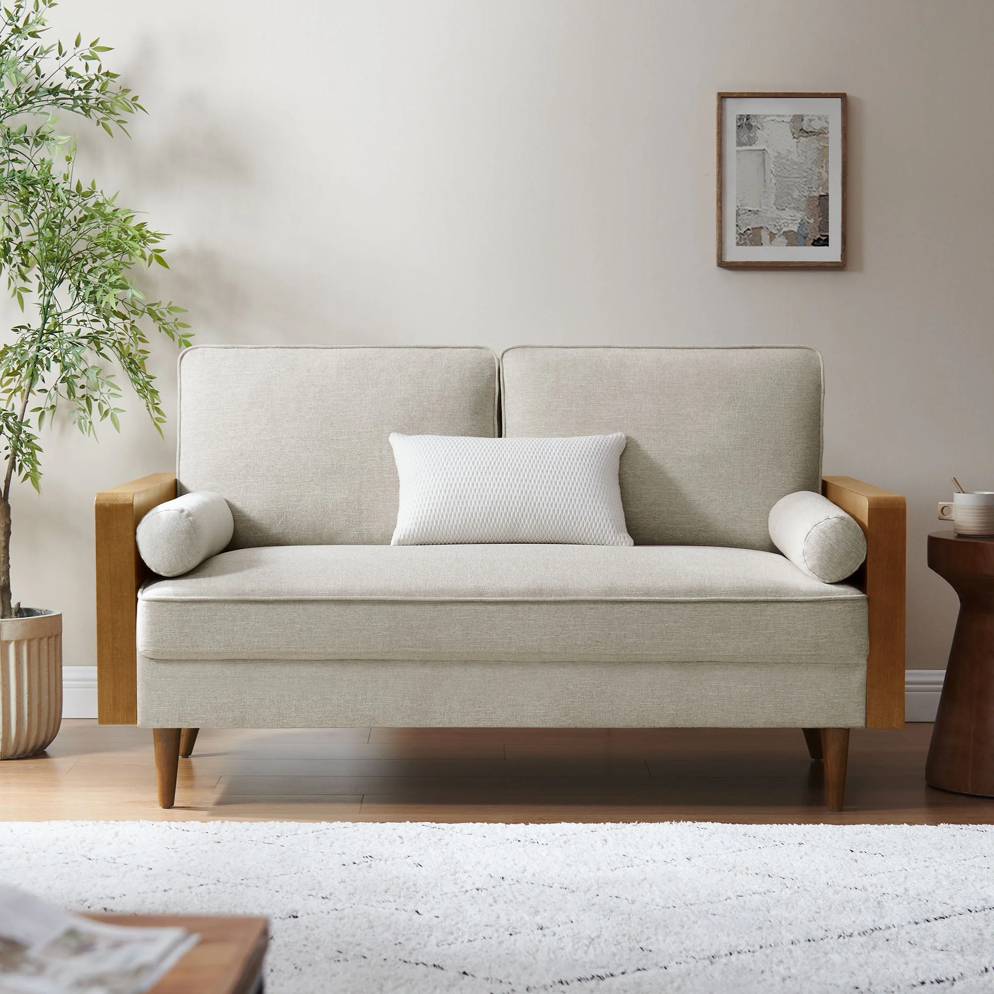 61 Inch Mid-Century Modern Heathered Weave Fabric Loveseat - Image 7