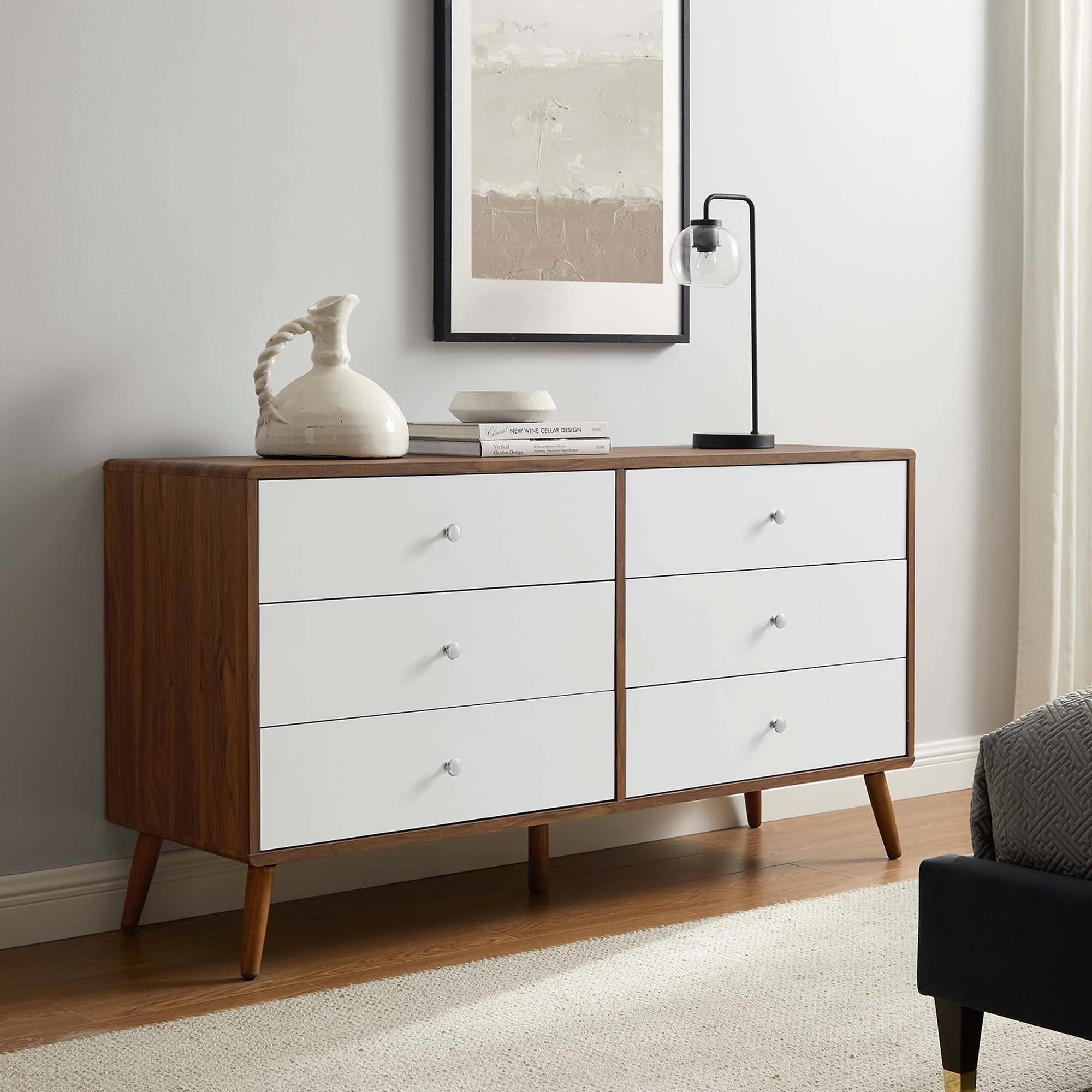 60" Walnut White Mid-Century 6-Drawer Bedroom Dresser - Image 8