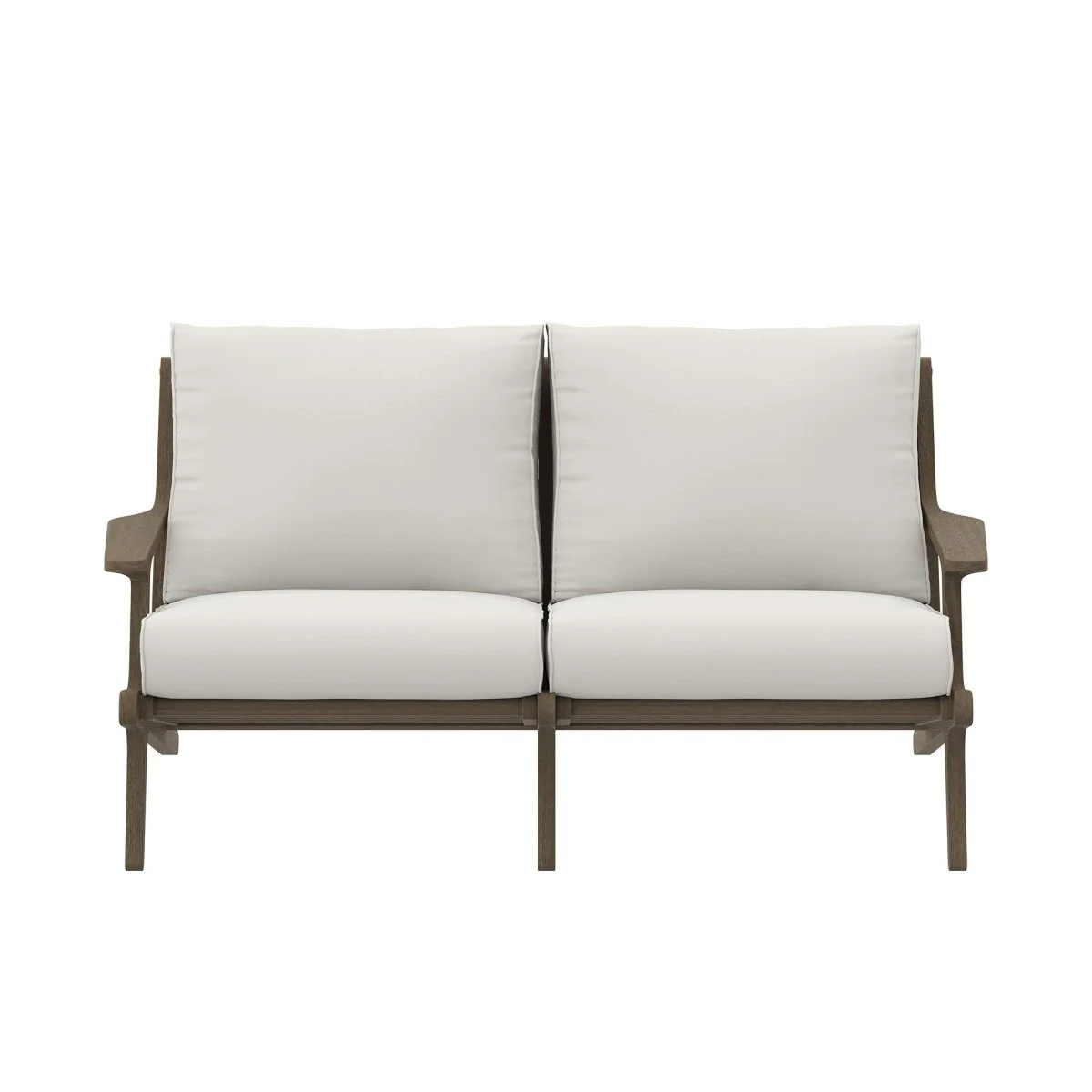 61" Weathered Gray Teak Outdoor Patio Loveseat – White Cushions - Image 7