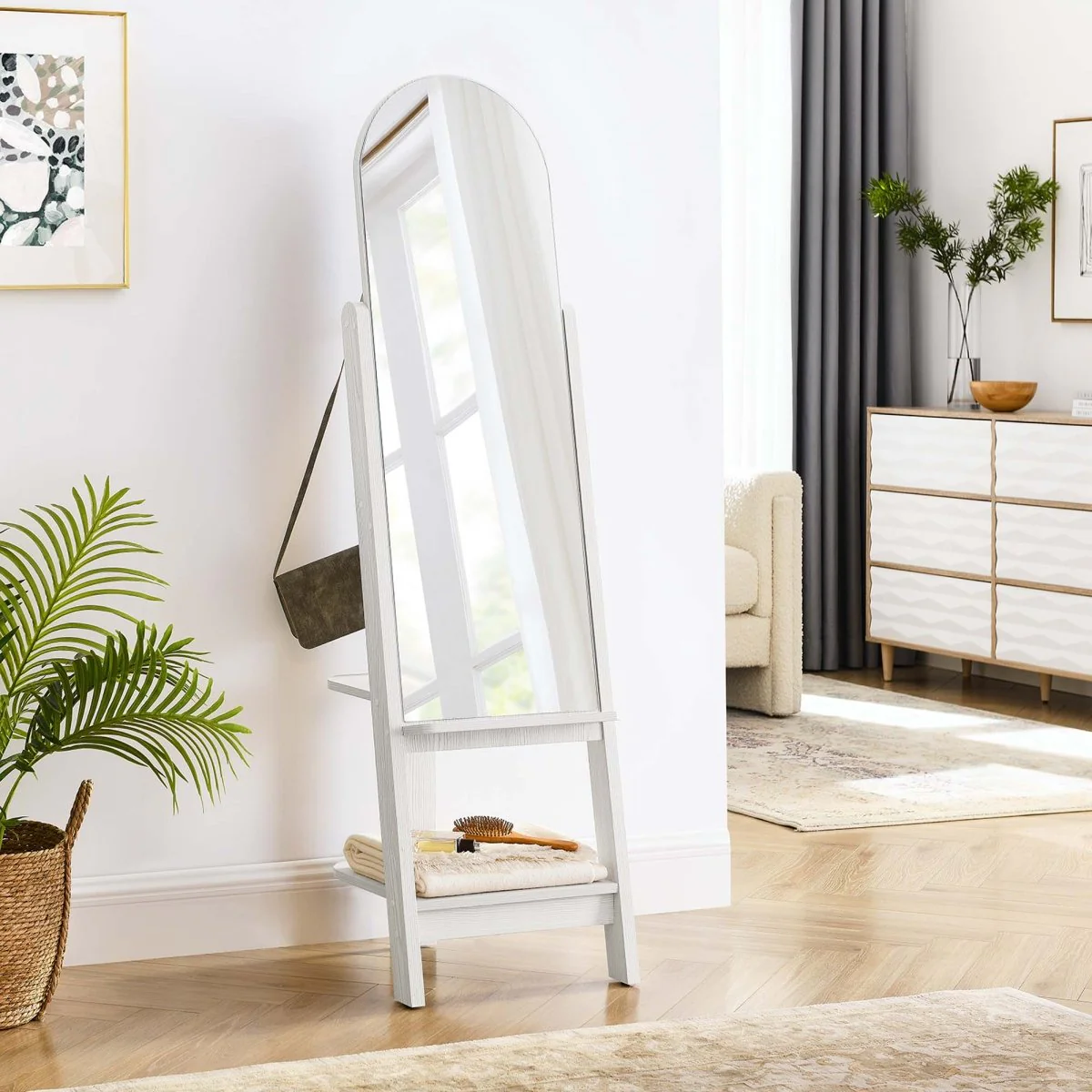 63" Arched Full-Length Standing Mirror with Built-In Shelves, Freestanding Design - Image 13