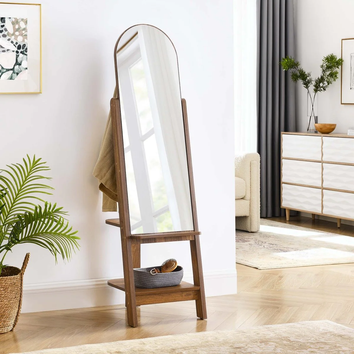 63" Arched Full-Length Standing Mirror with Built-In Shelves, Freestanding Design - Image 2