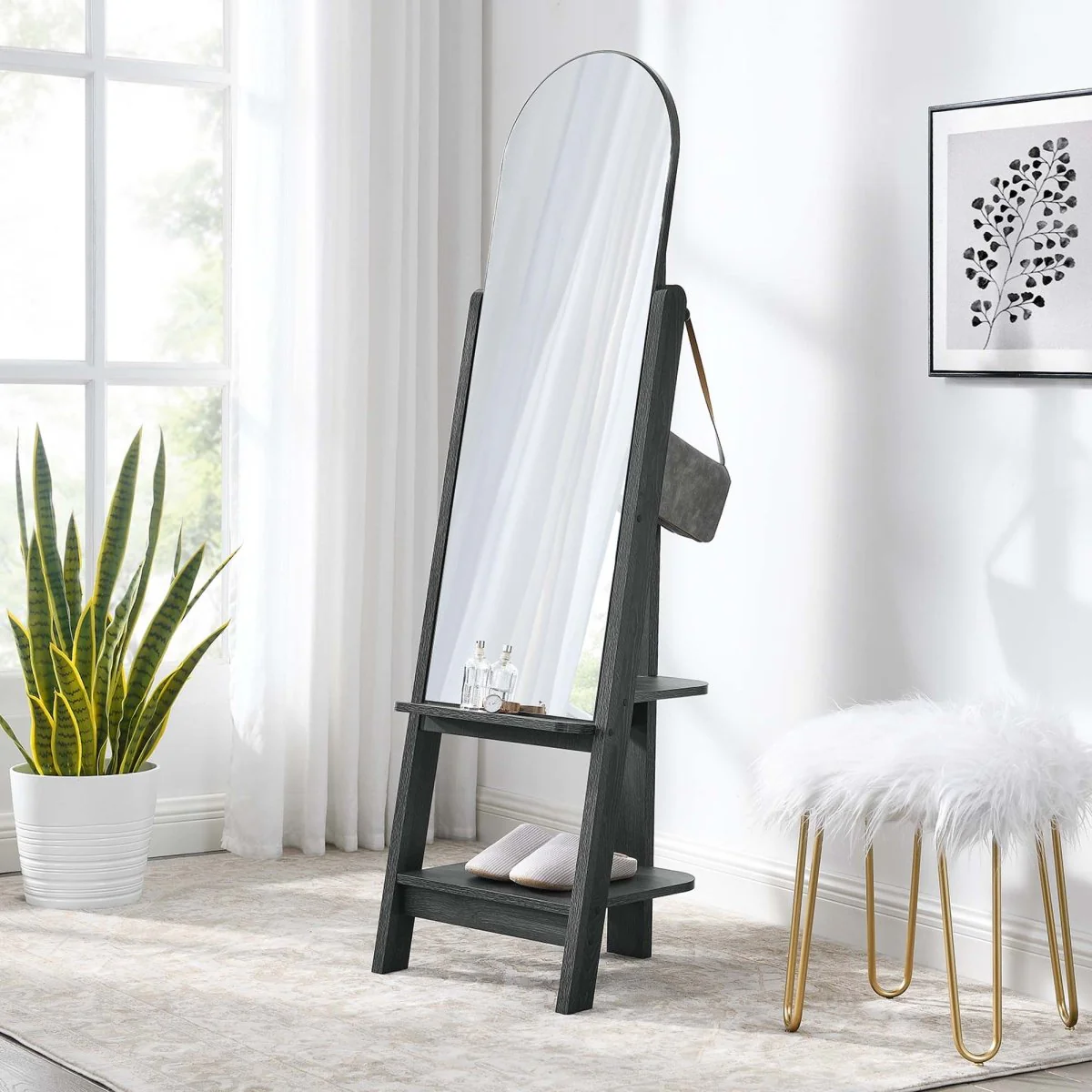 63" Arched Full-Length Standing Mirror with Built-In Shelves, Freestanding Design - Image 34