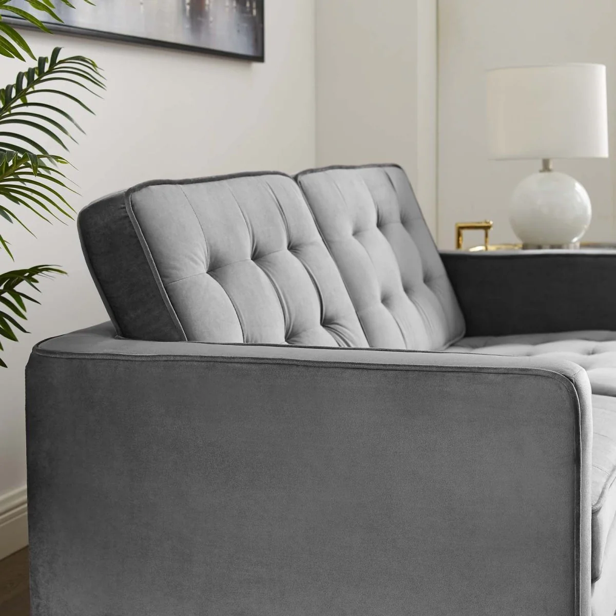 63 Inch Linear Performance Velvet Loveseat with Gold Stainless Steel Legs - Image 2