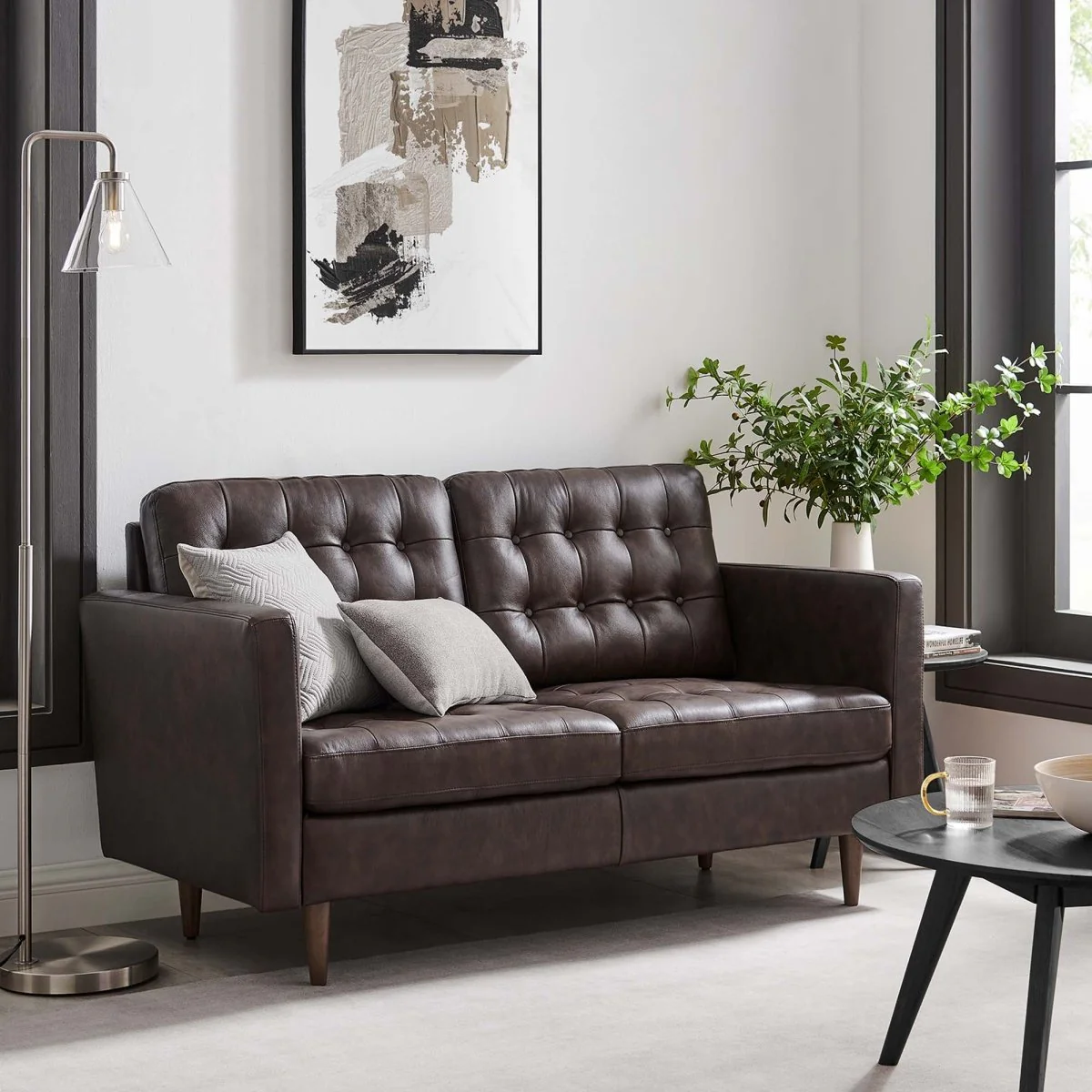 63 Inch Mid-Century Tufted Leather Loveseat - Image 6
