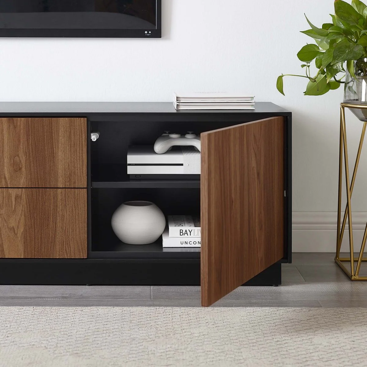 63 Inch Rustic Plinth Base TV Stand in Black Walnut - Image 4