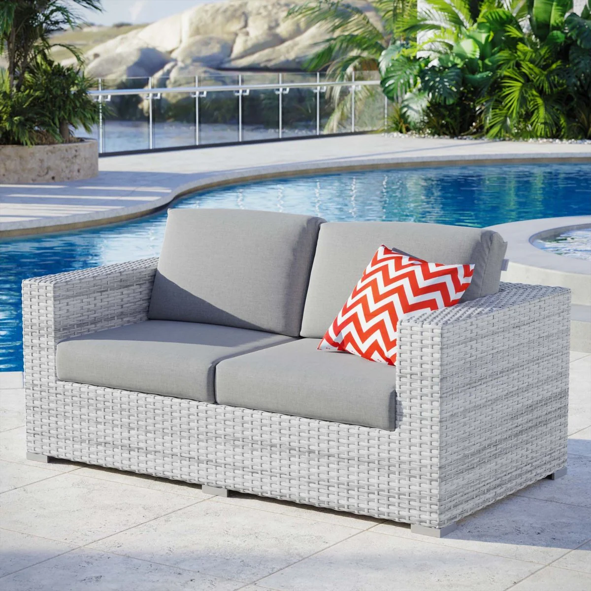 63" Light Gray Woven Rattan Aluminum Outdoor Loveseat with Cushions - Image 8