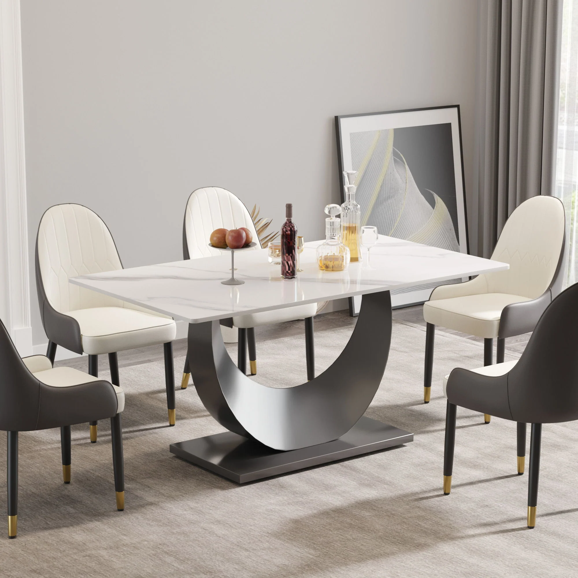 63" Modern Artificial Stone Crescent-Shaped Metal Legs, Can Accommodate 6-8 People - White / Black - Image 2