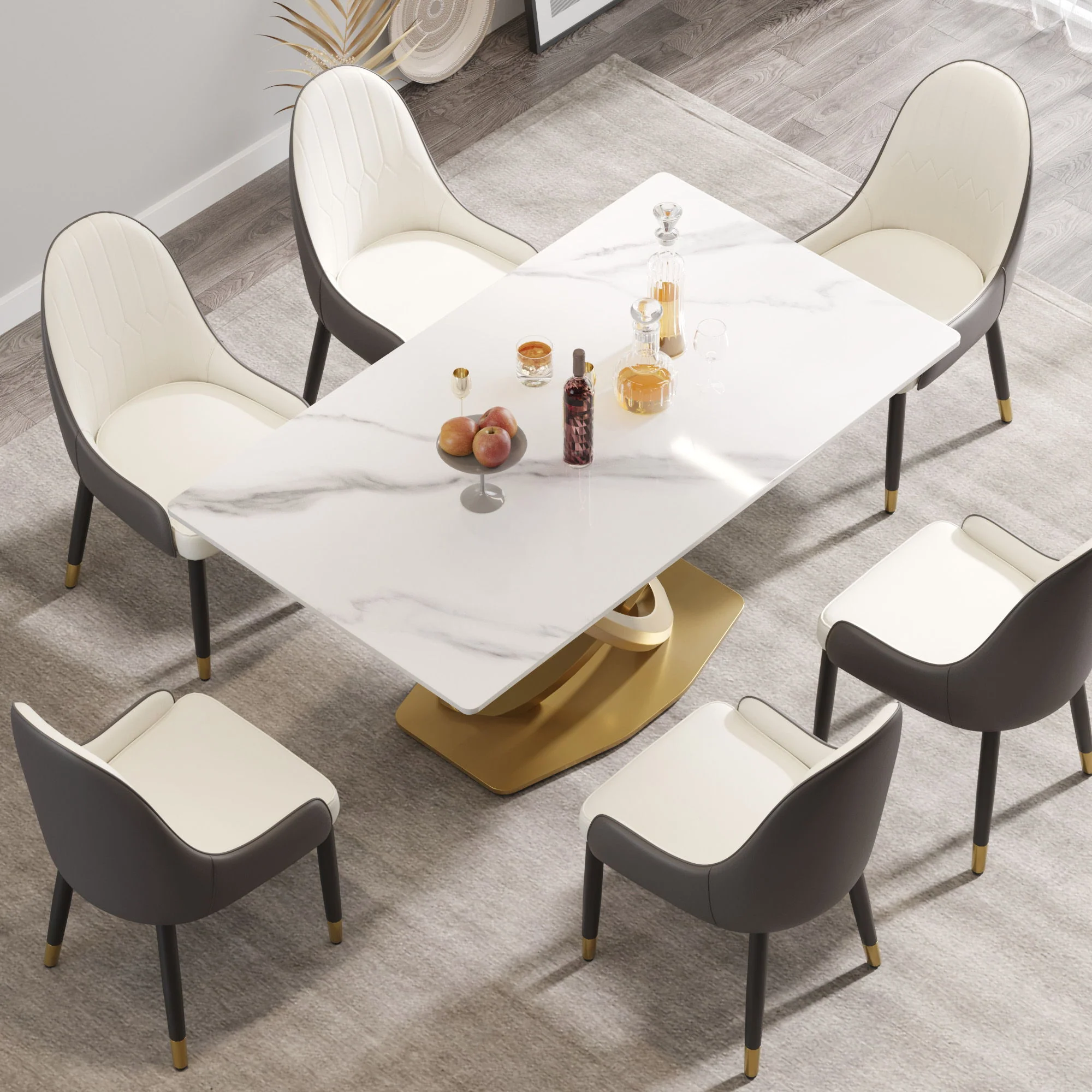 63" Modern Artificial Stone Panel Double-Ring Stainless Steel Metal Legs, Can Accommodate 6-8 People - White / Gold - Image 4
