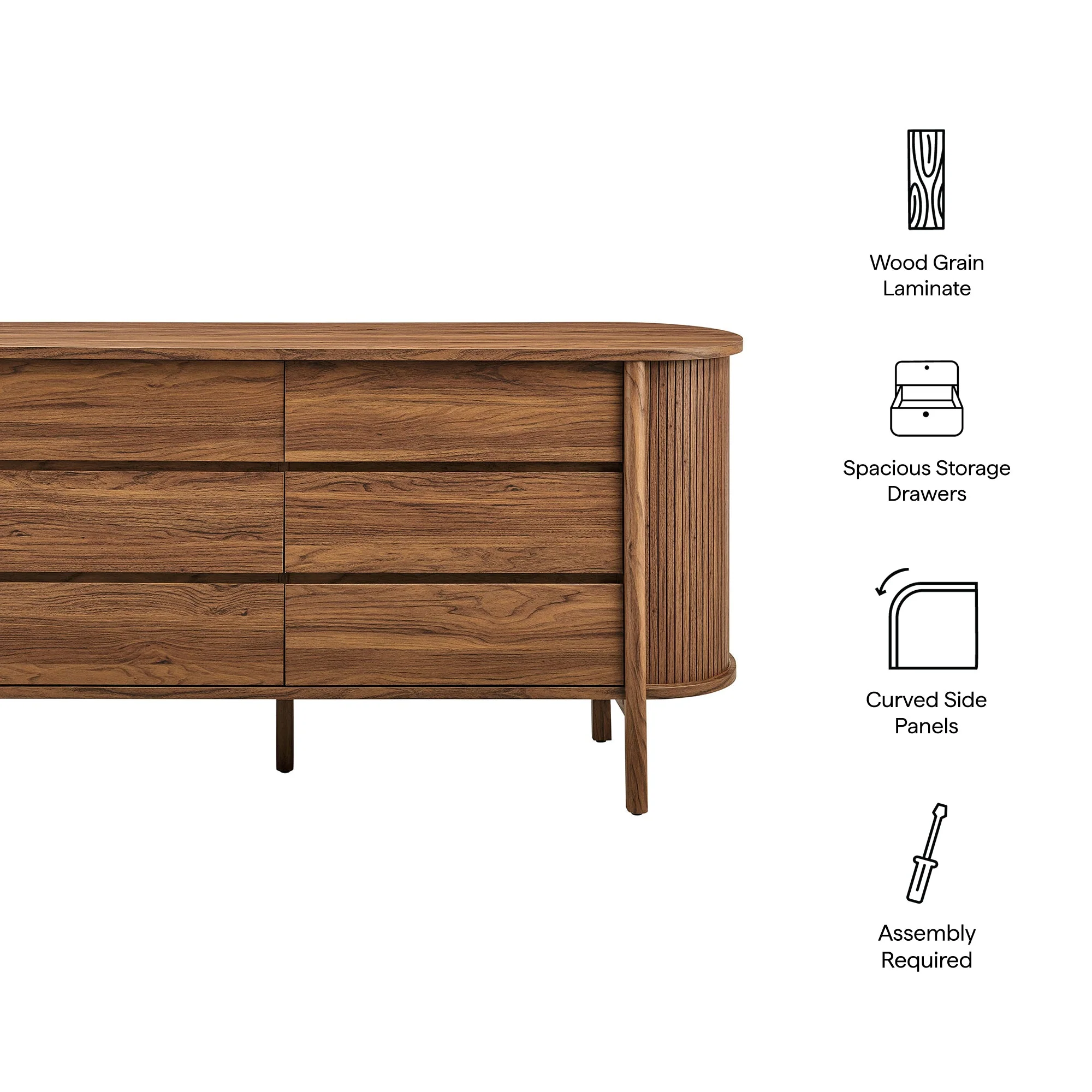 66" Oak Curved Fluted 6-Drawer Modern Bedroom Dresser - Image 11