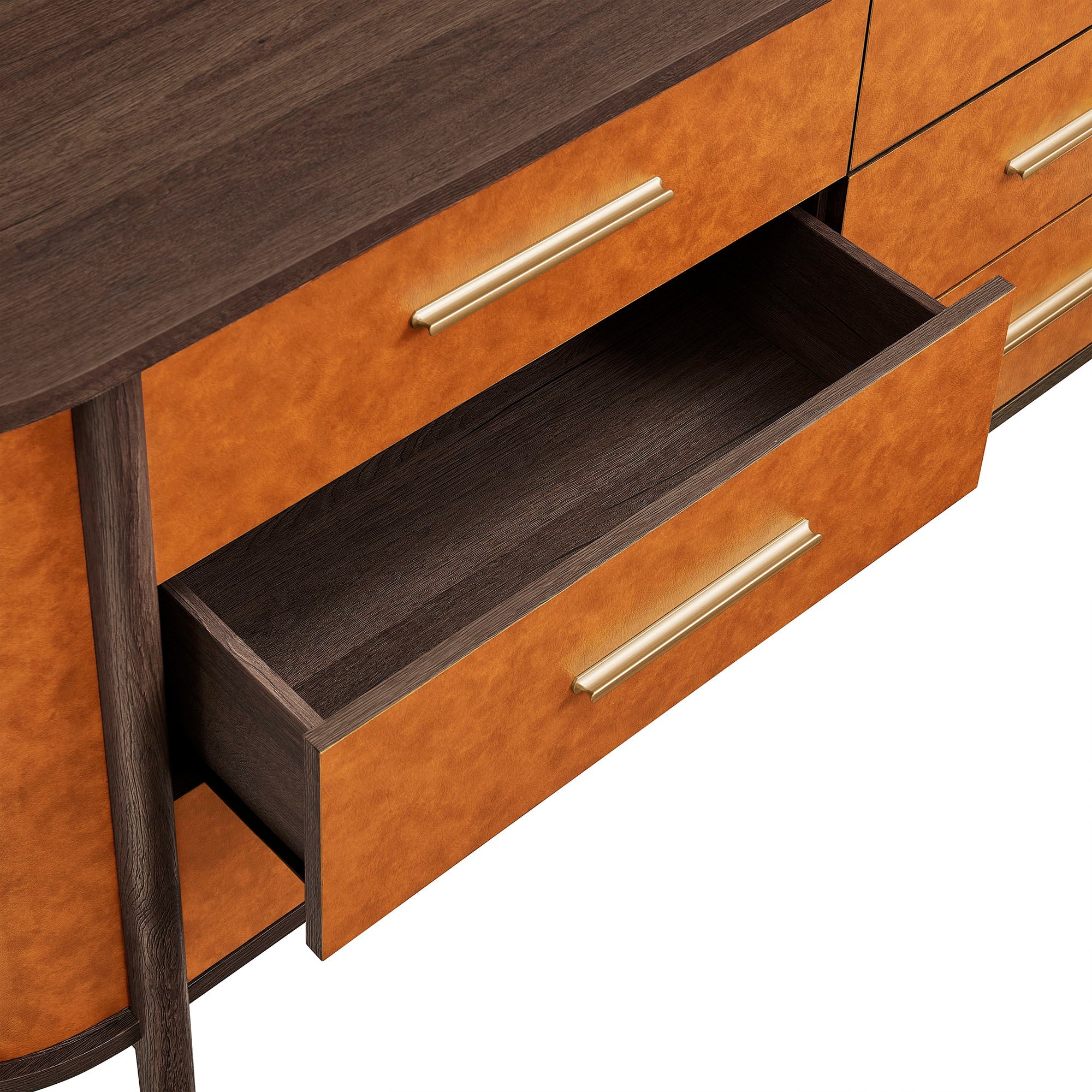 66" Walnut Tan Curved 6-Drawer Vegan Leather Oval Dresser - Image 8