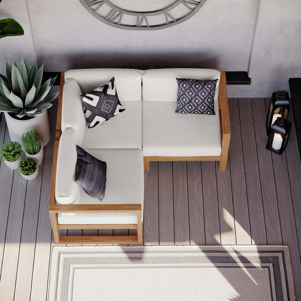 68" 3-Piece Natural White Outdoor Patio Sectional Sofa Set – Solid Teak Wood - Image 2