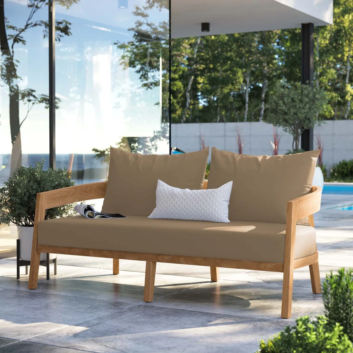 69" Natural Teak Wood Outdoor Patio Loveseat with Weather-Resistant Seat Cushions - Image 16