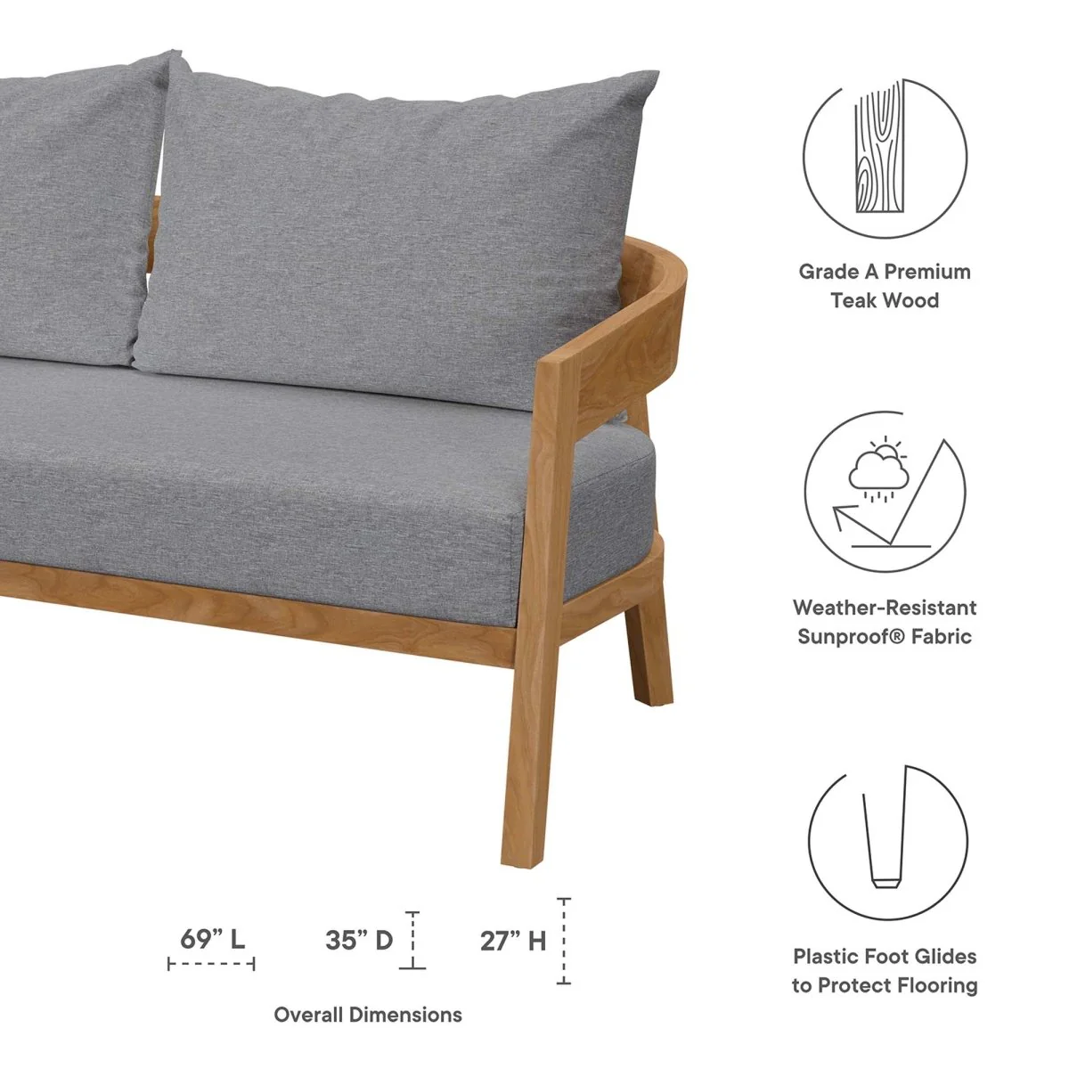 69" Natural Teak Wood Outdoor Patio Loveseat with Weather-Resistant Seat Cushions - Image 18