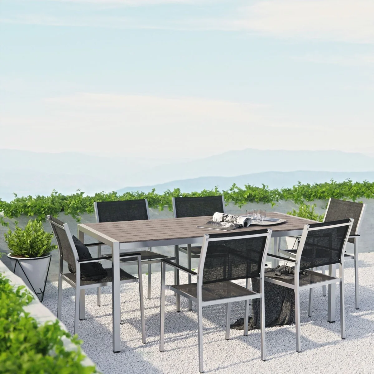 7-Piece Aluminum Outdoor Dining Set with Mesh Chairs – Silver and Black - Image 7