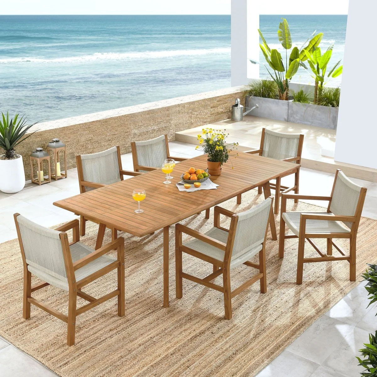 7-Piece Extendable Outdoor Teak and Rope Dining Set with Armchairs for Patio - Image 21