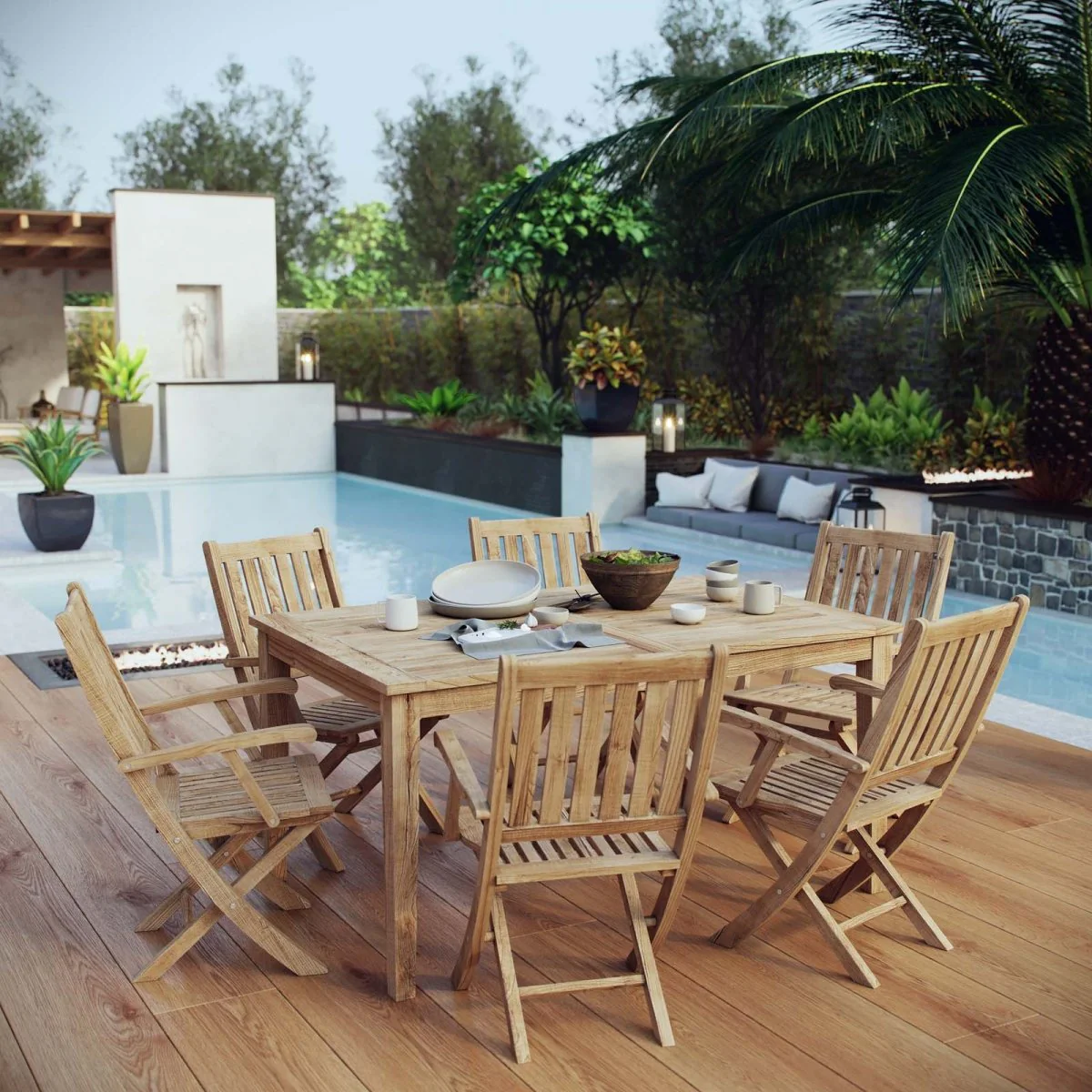 7-Piece Natural Teak Outdoor Dining Set with Folding Armchairs - Image 8