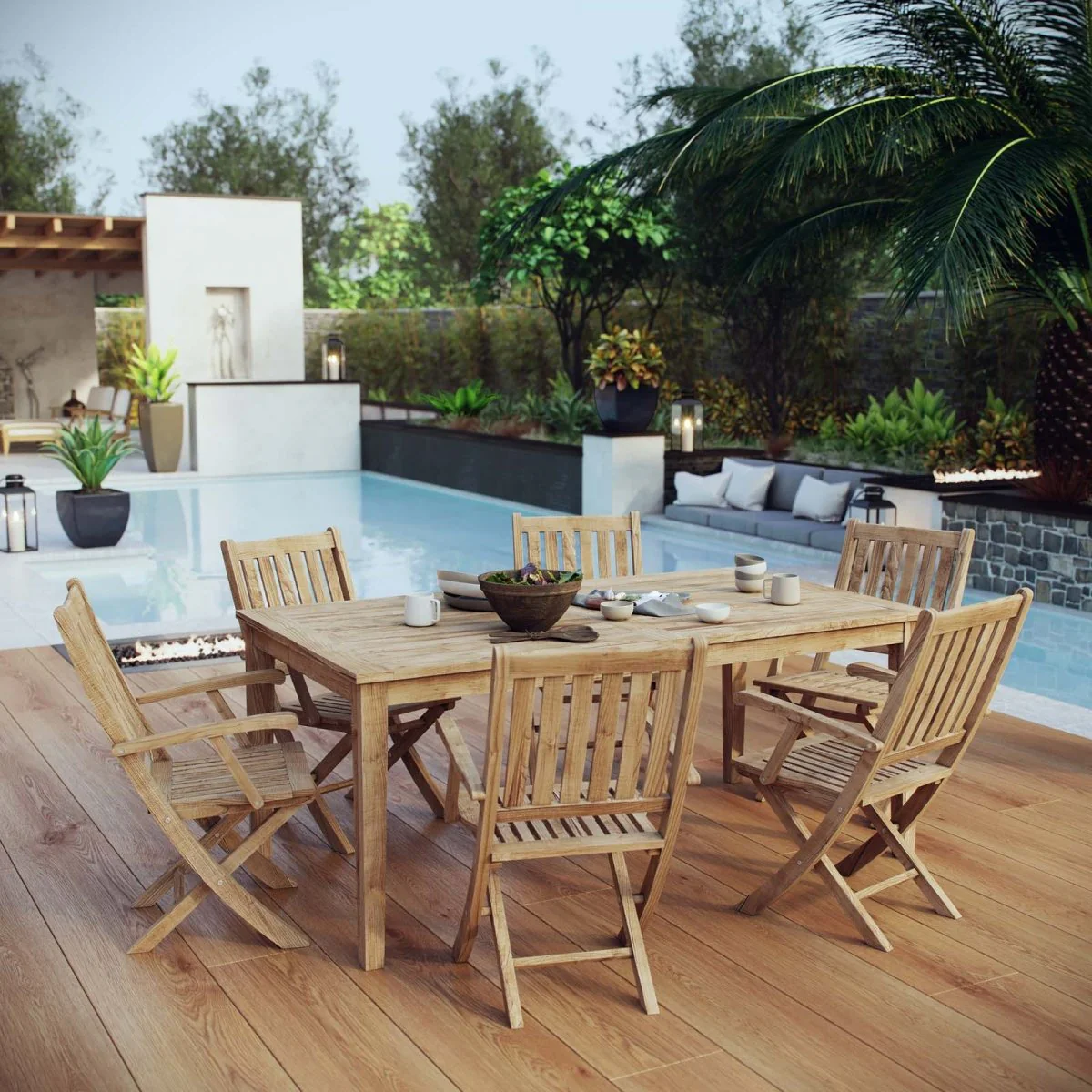 7-Piece Natural Teak Outdoor Dining Set with Folding Chairs - Image 8