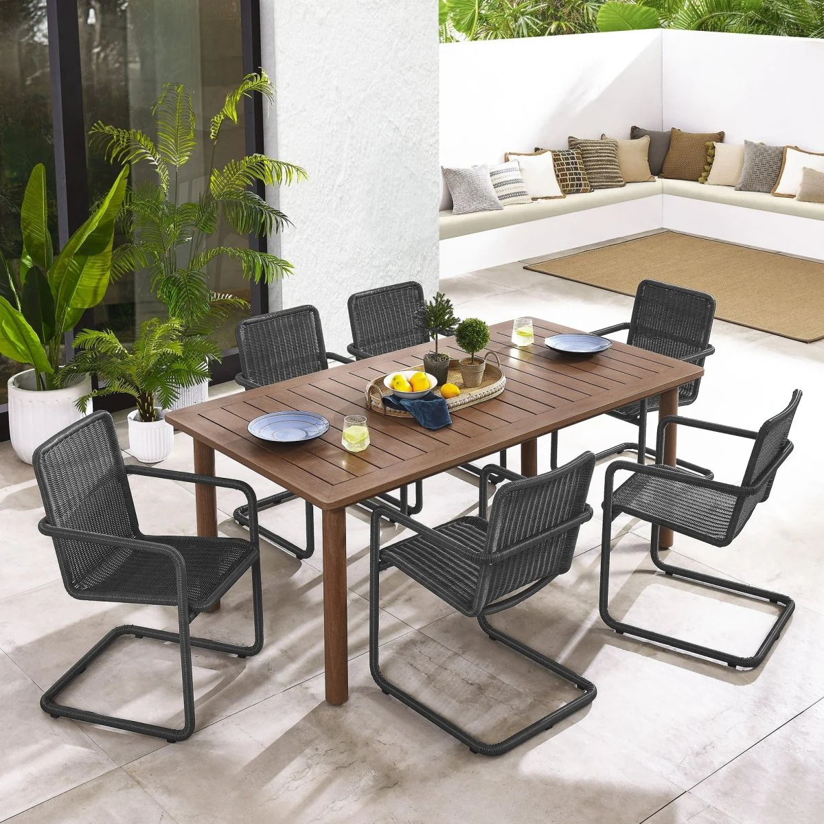 7-Piece Outdoor Aluminum Dining Table Set with Rattan Armchairs for Patio and Garden - Image 15