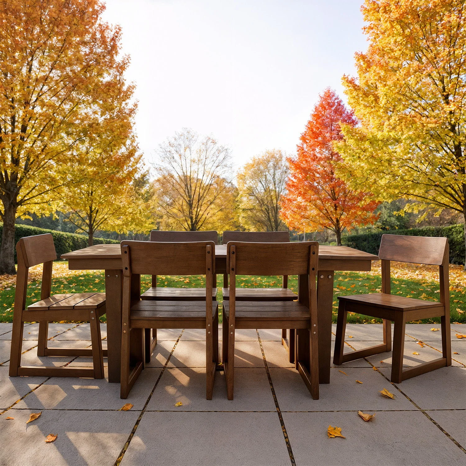 7 Piece Outdoor Dining Set For 6, Table With Umbrella Hole & 6 Armless Chairs For Backyard - Brown - Image 7