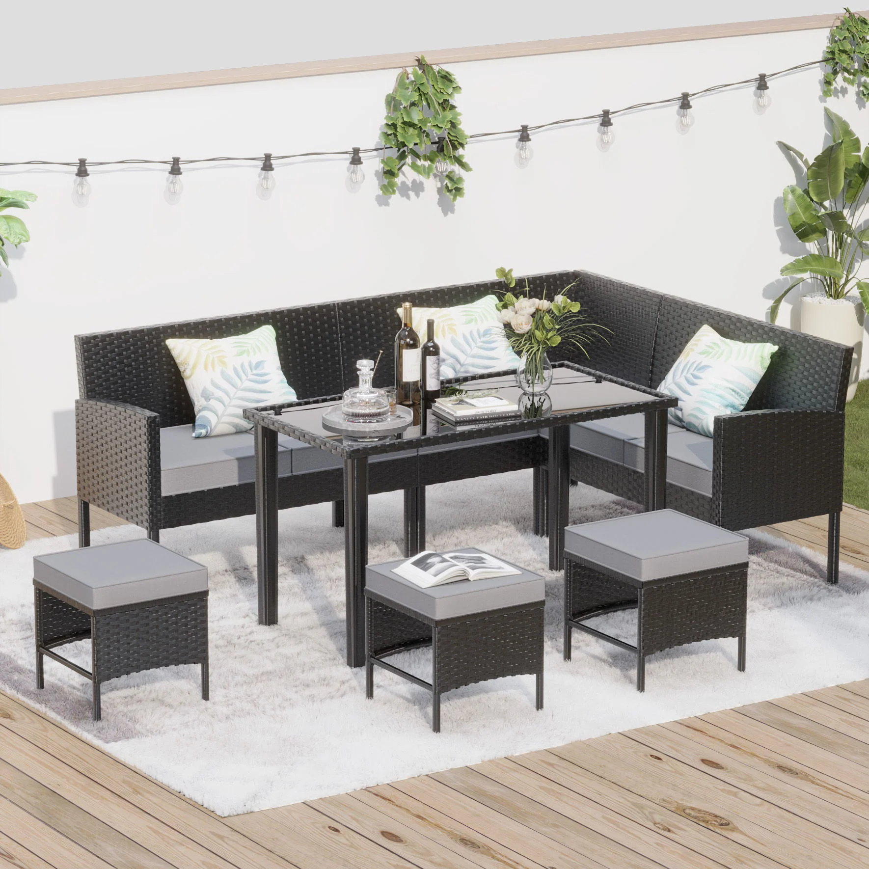 7 Piece Outdoor Furniture Set Waterproof Cushions Glass Table - Image 8