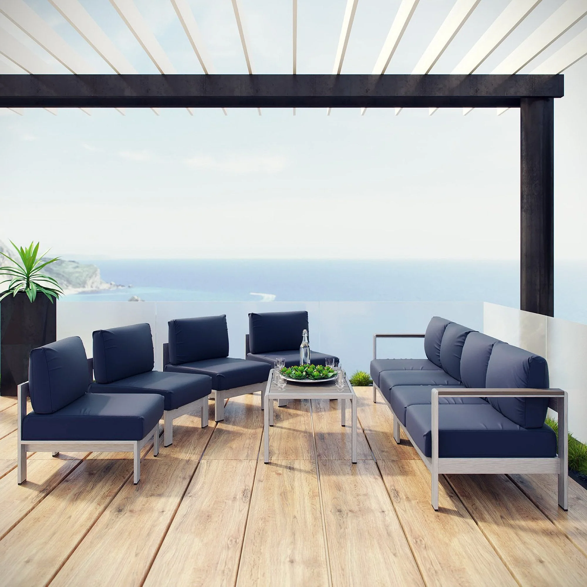 7-Piece Silver Navy Aluminum Outdoor Patio Sectional Sofa Set - Image 7