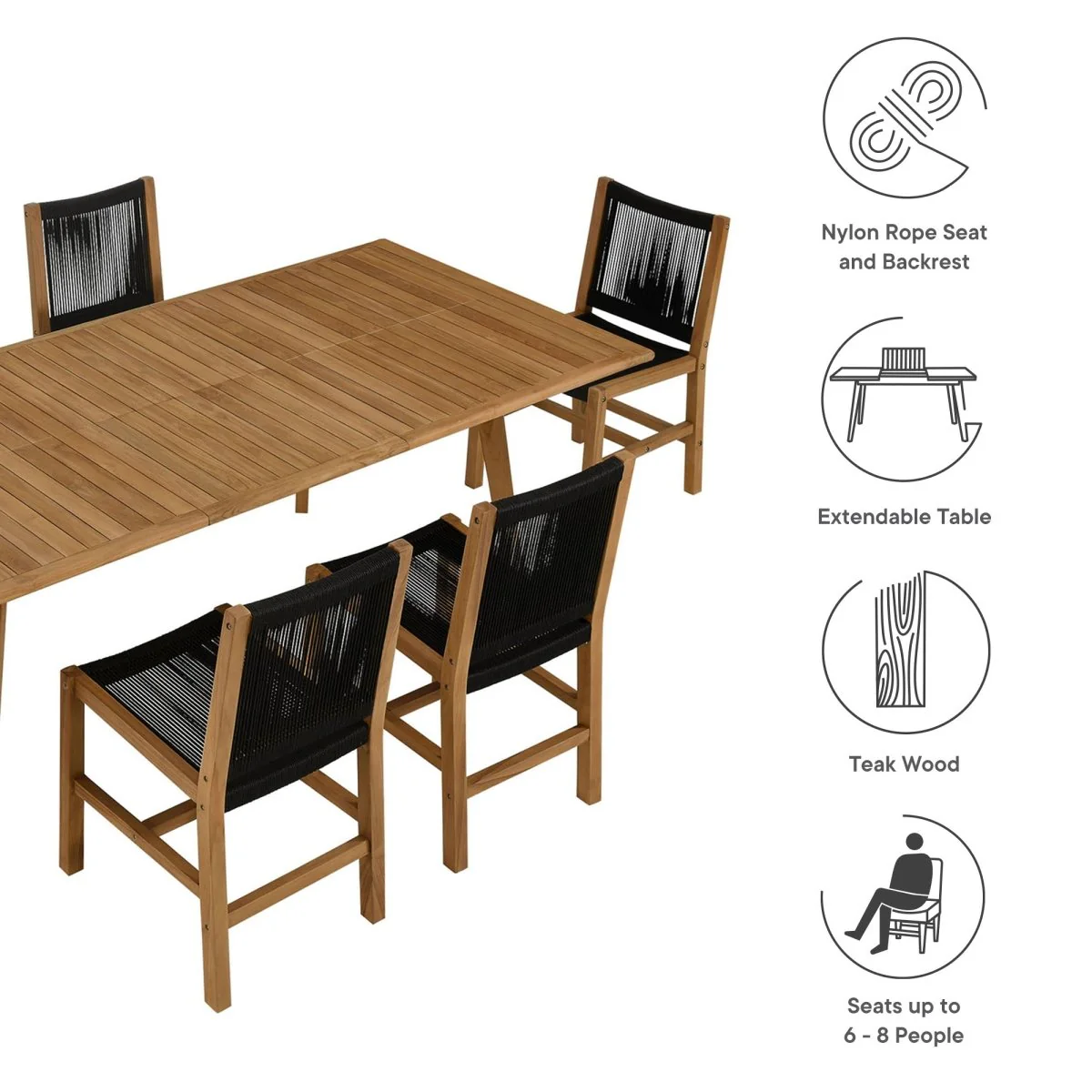 7-Piece Teak Wood and Rope Outdoor Dining Set with Armless Chairs for Patio and Garden - Image 2