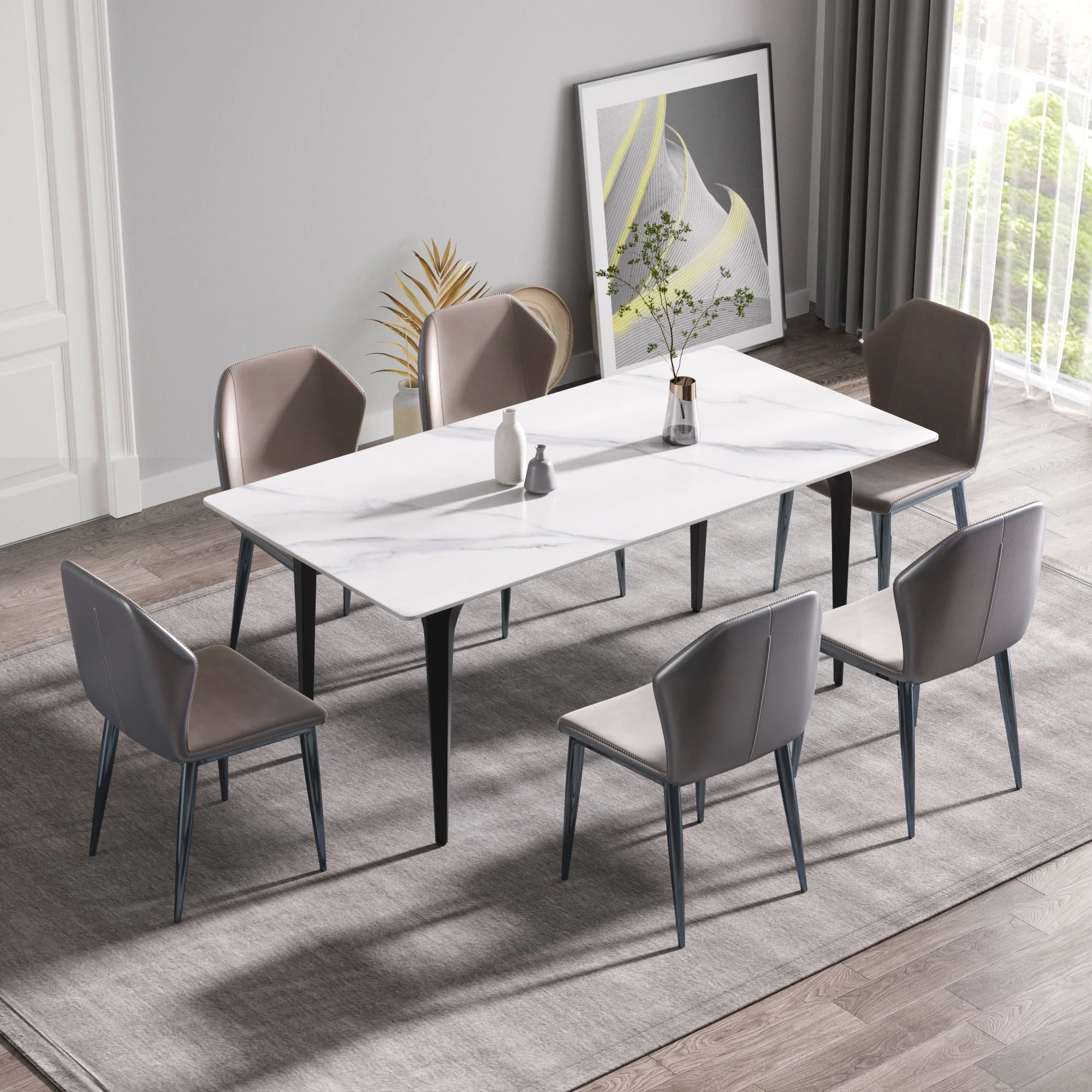 70.87" Modern Artificial Stone White Straight Edge Black Metal Leg Dining Table, Can Accommodate 6-8 People - White / Black - Image 6