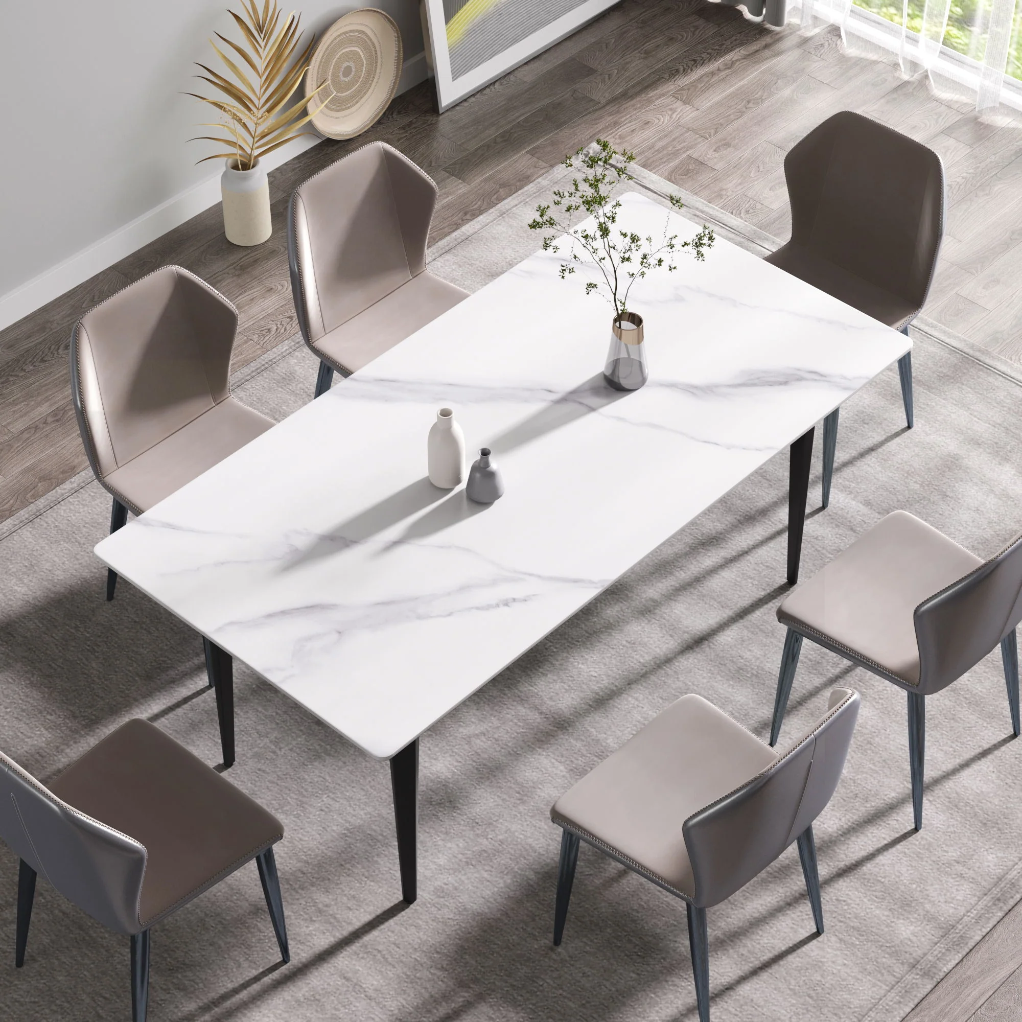 70.87" Modern Artificial Stone White Straight Edge Black Metal Leg Dining Table, Can Accommodate 6-8 People - White / Black - Image 7
