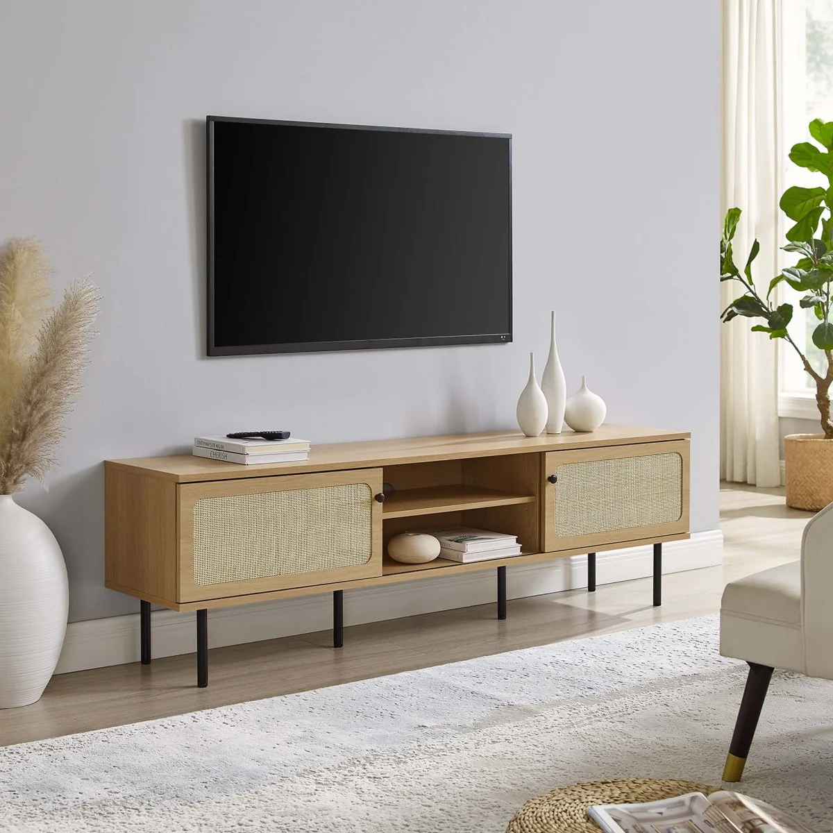 70 Inch Modern Rattan Sliding Door TV Stand - Image 12
