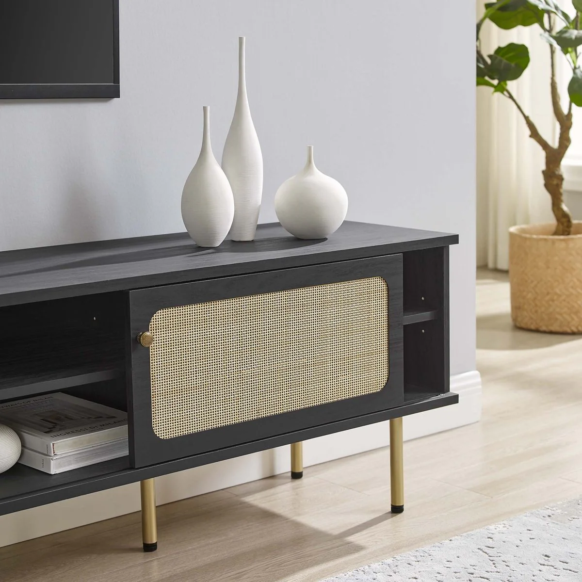 70 Inch Modern Rattan Sliding Door TV Stand - Image 3
