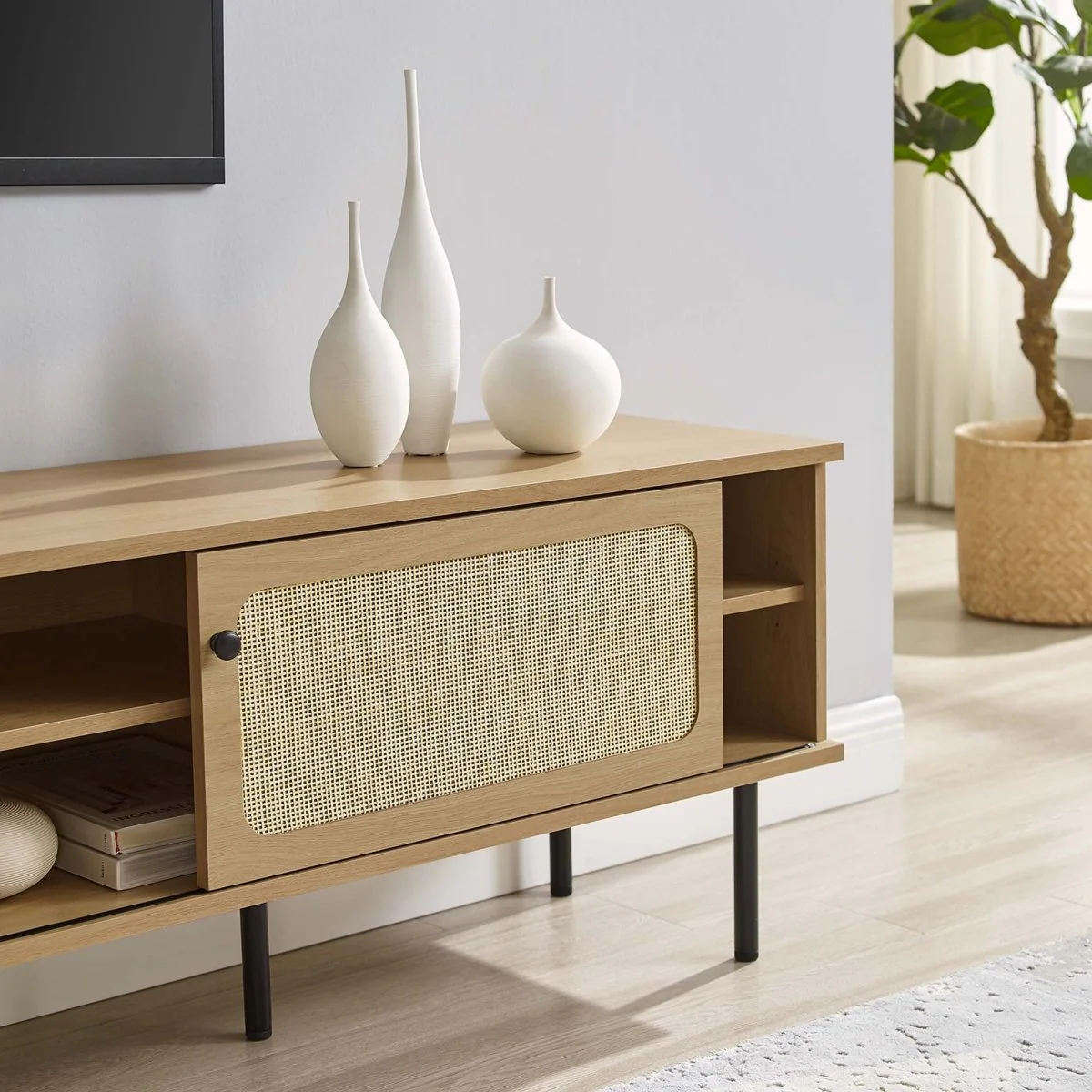 70 Inch Modern Rattan Sliding Door TV Stand - Image 9